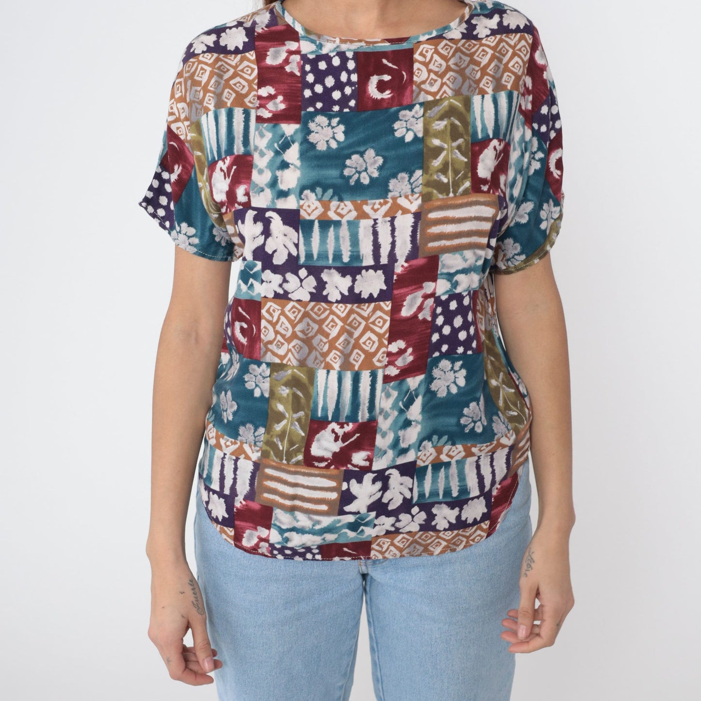 90s Patchwork Floral Geometric Short Sleeve Blouse Blue Burgundy Medium