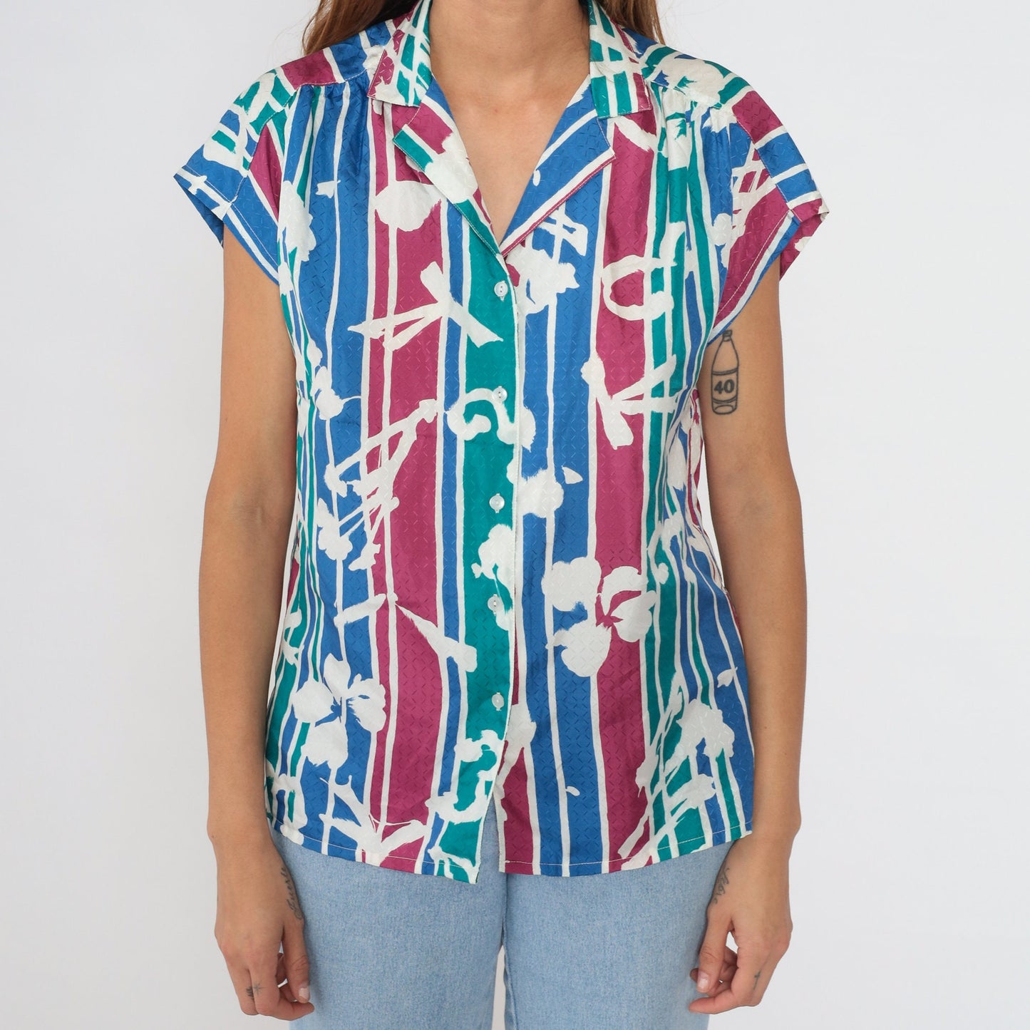 90s Tanjay Striped Floral Button-Up Blouse Cap Sleeve Multicolor Medium