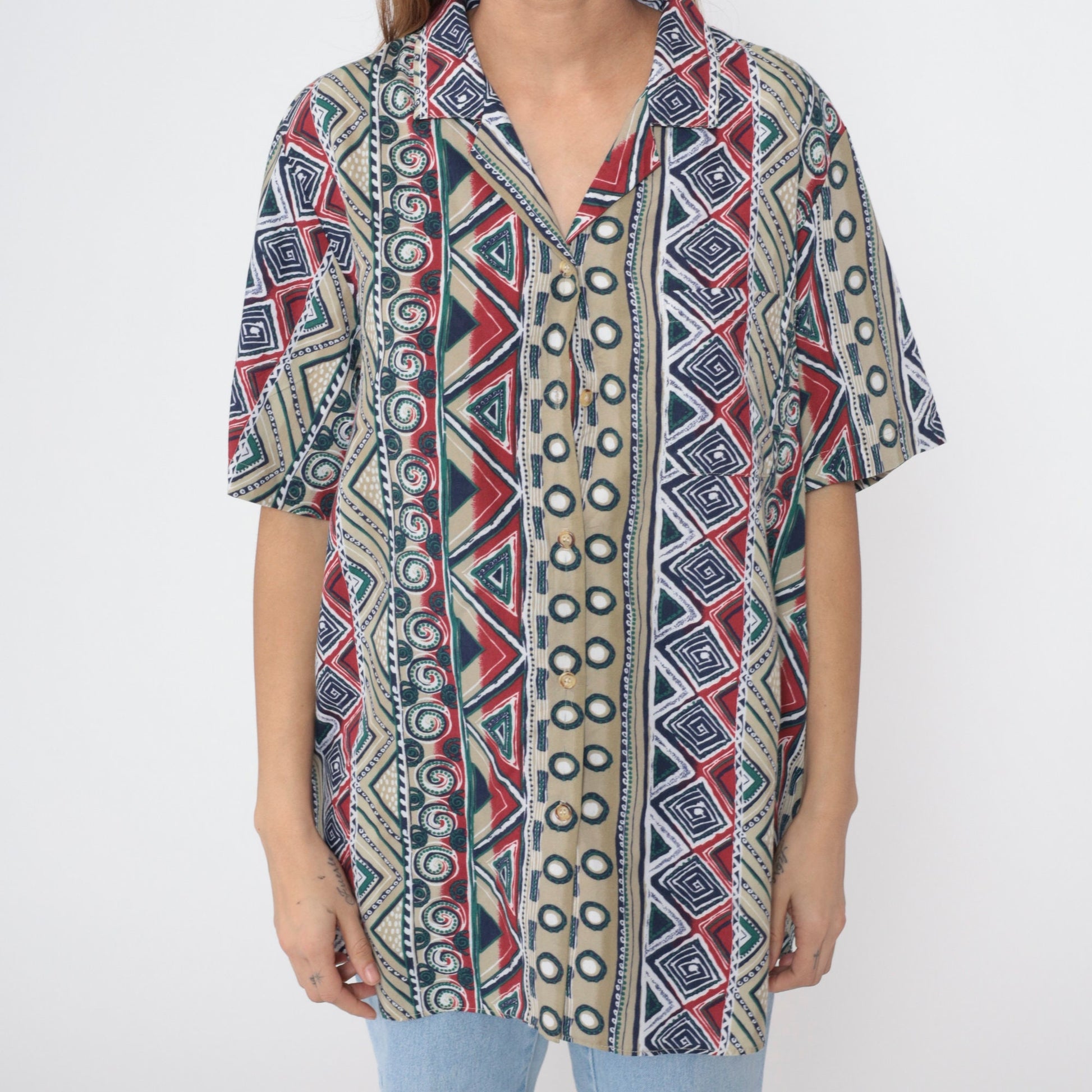 90s Southwestern Striped Button Up Blouse Geometric Print Green Red Beige Extra Large