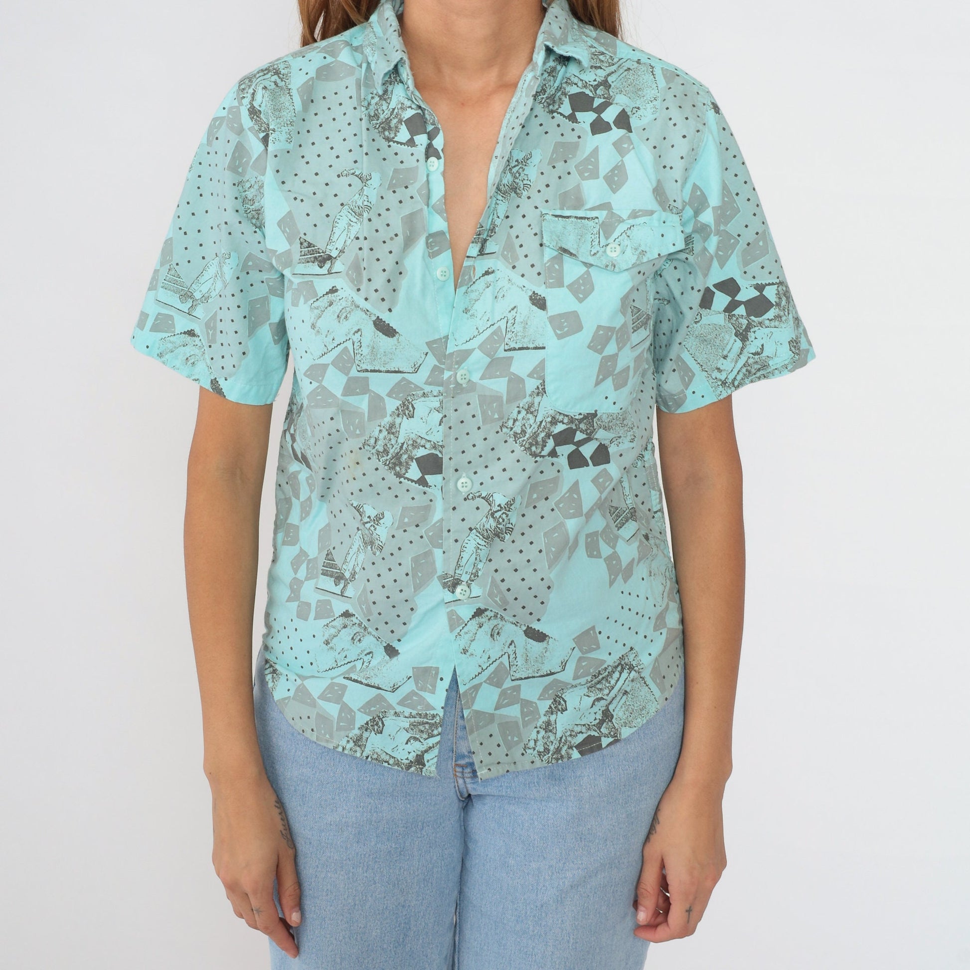 90s Permit Blue Button-Up Shirt Abstract Football Soccer Player Print Medium