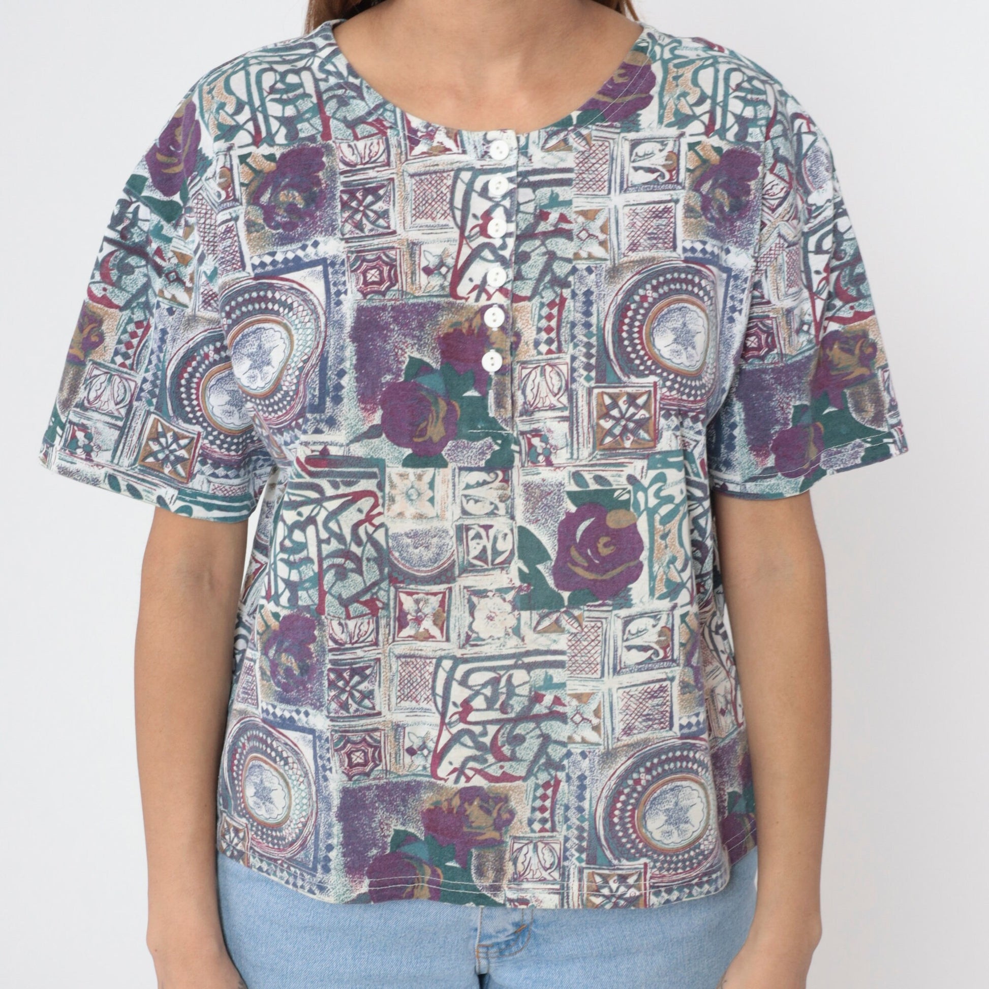 90s Purple Floral Mandala Henley Shirt Short Sleeve Button Up Large L