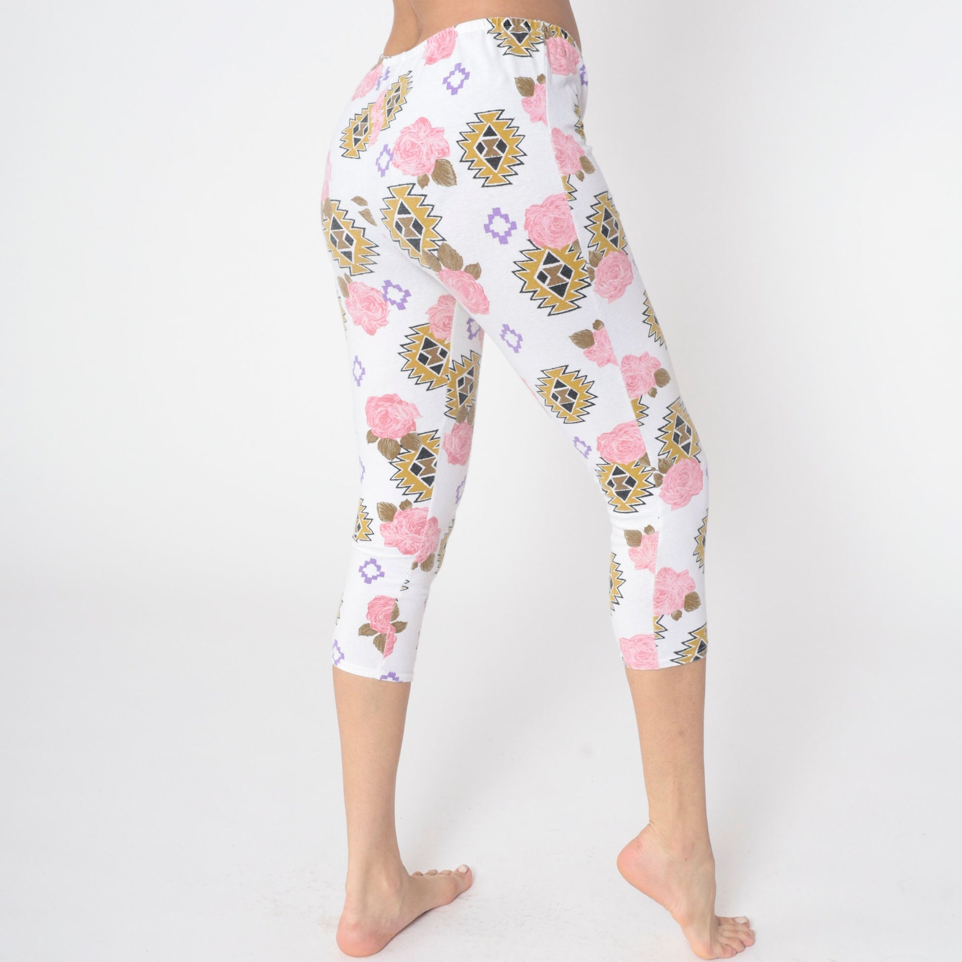 90s Floral Southwestern Capri Leggings White Pink Rose High Waist Extra Small