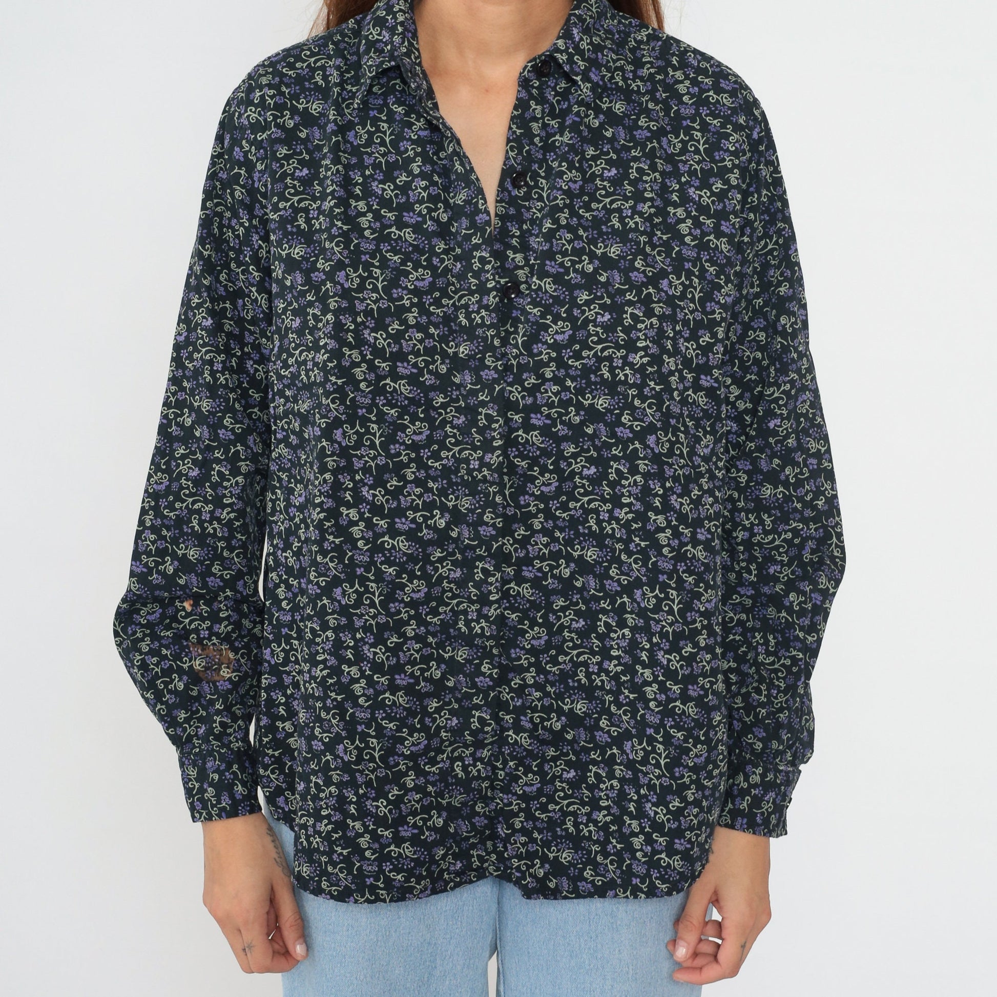 90s Black Corduroy Floral Button-Up Blouse Long Sleeve Collared Ditsy Print Large