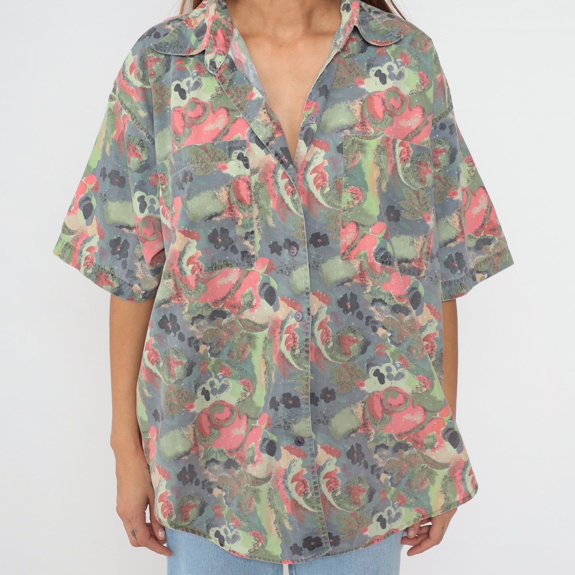 90s Abstract Floral Button-Up Blouse Plus Size Grey Pink Green Short Sleeve XXL