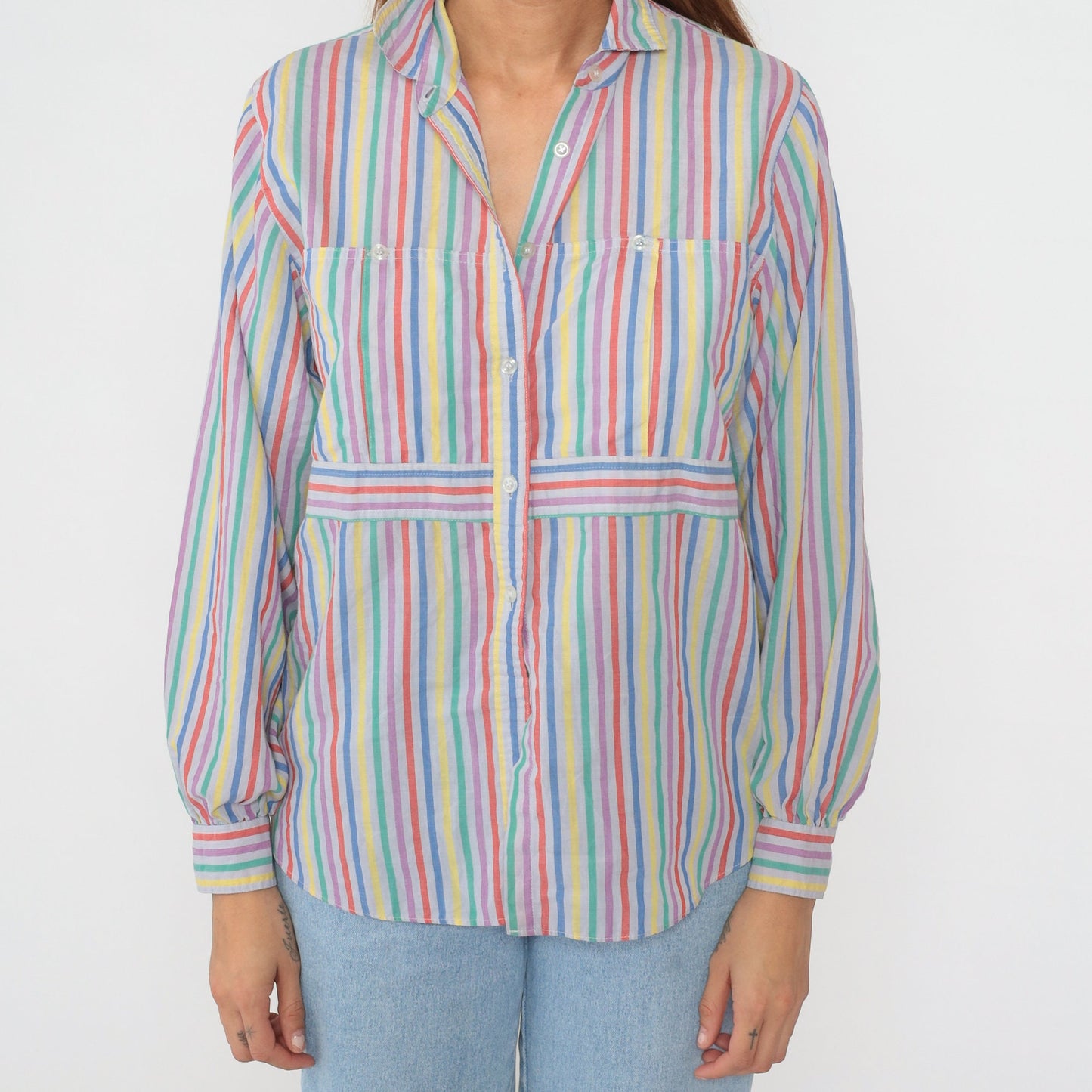 80s Rainbow Striped Button-Up Blouse Multicolor Long Sleeve Medium Large