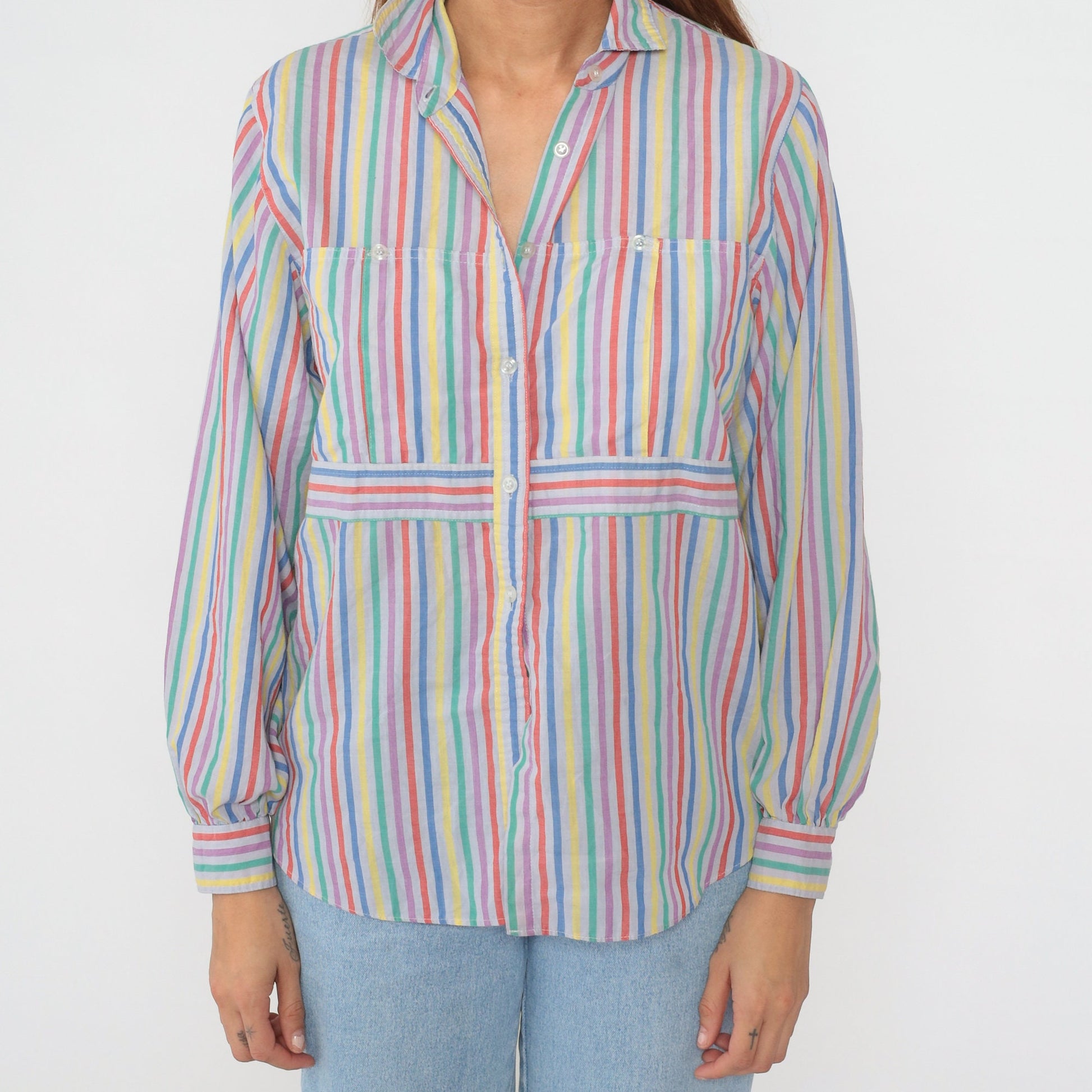 80s Rainbow Striped Button-Up Blouse Multicolor Long Sleeve Medium Large