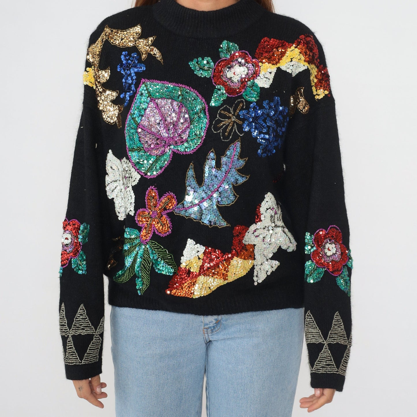 90s Black Sequin Floral Sweater Knit Pullover Silk Angora Blend Medium M