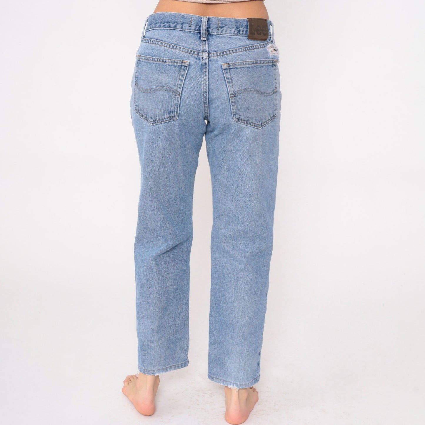 90s Lee Jeans Mid Rise Straight Leg Ripped Knee Blue Denim Medium