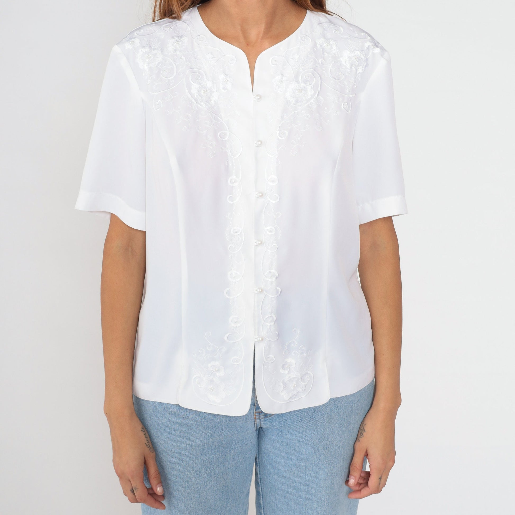 90s White Embroidered Pearl Beaded Button-Up Blouse Short Sleeve Large L