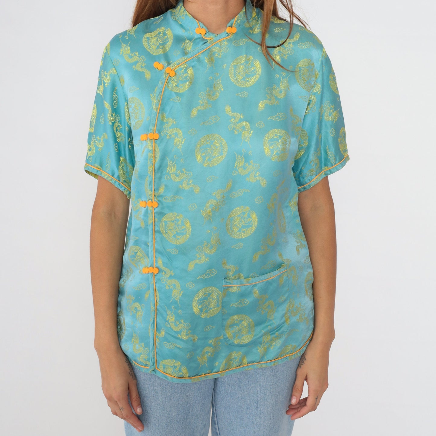 80s Cheongsam Blouse Blue Dragon Medallion Mandarin Collar Frog Button Medium