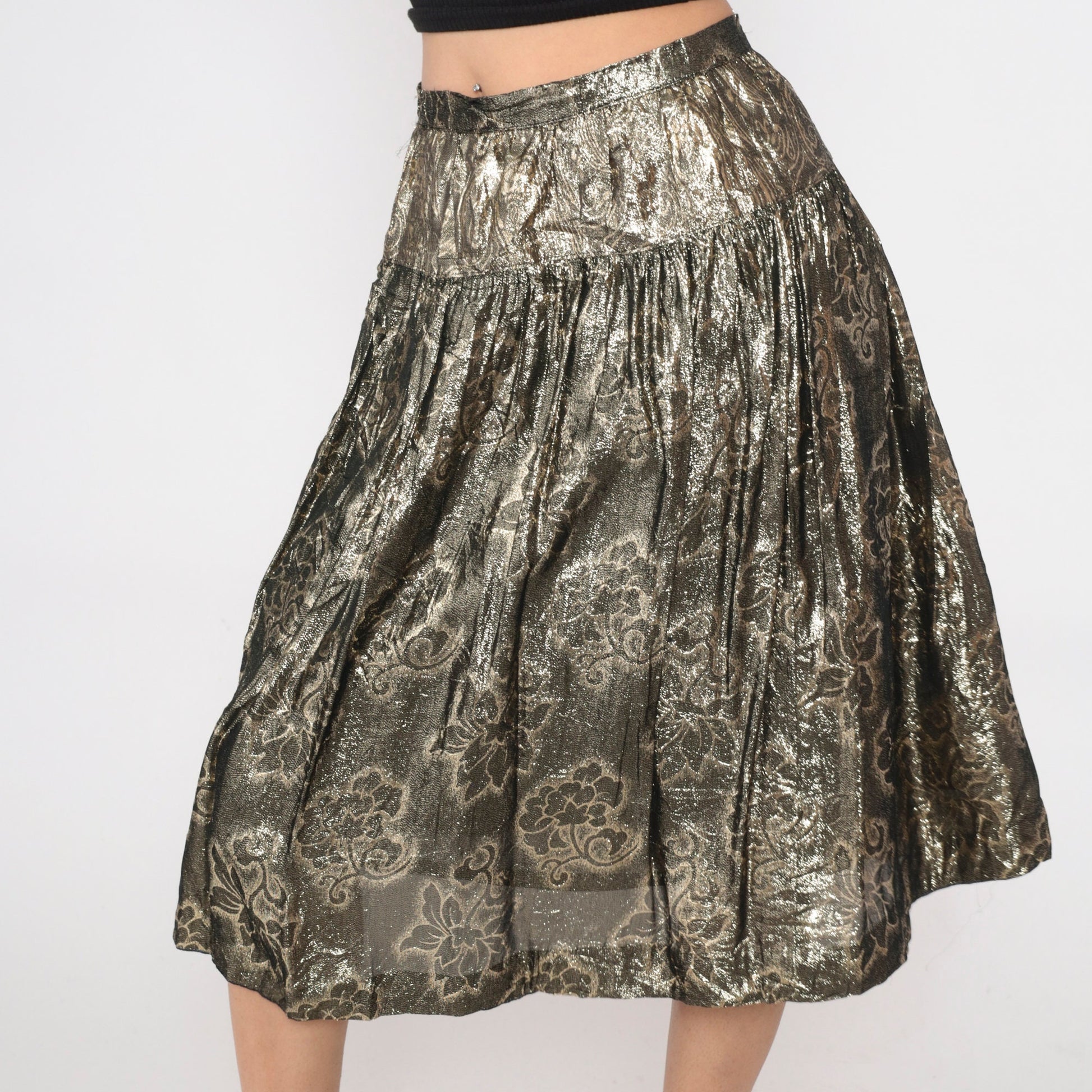 90s Gold Floral Midi Skirt High Waisted Metallic Yoke Small