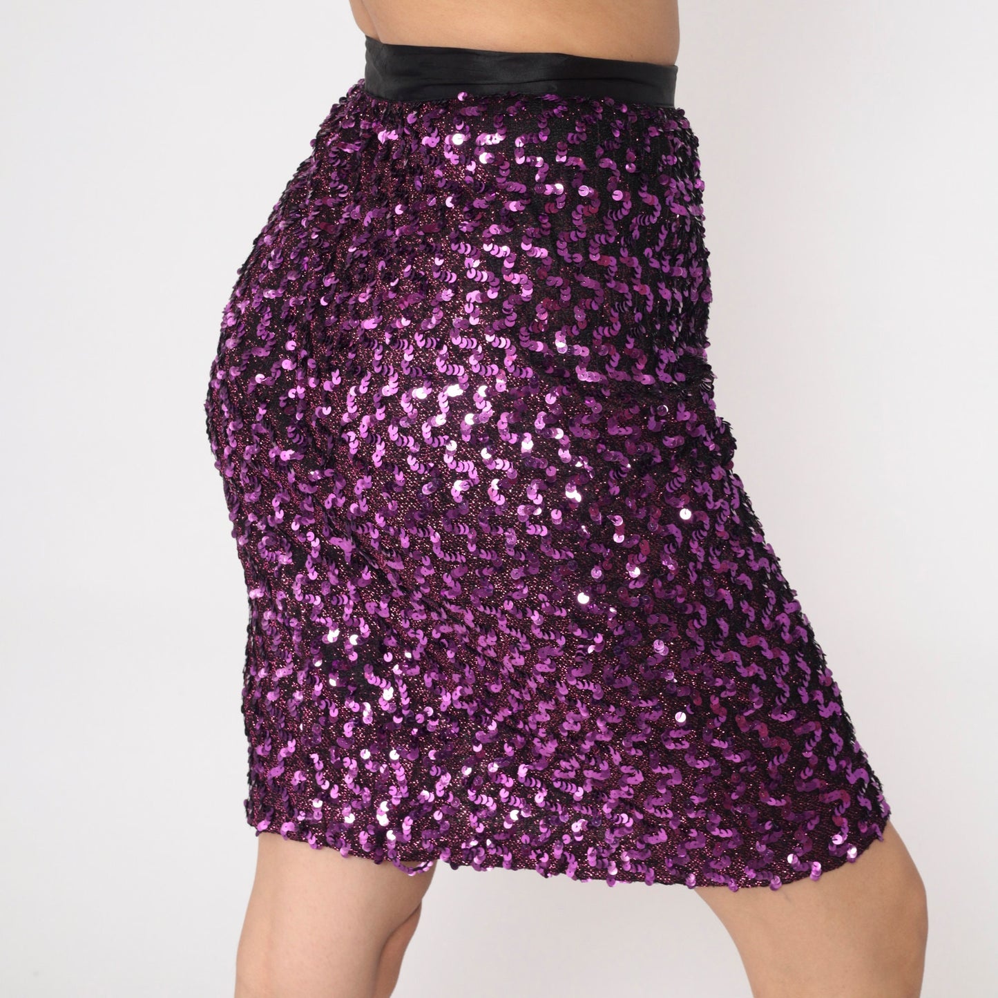 80s Purple Sequin Pencil Skirt High Waist Mini Slit Small S