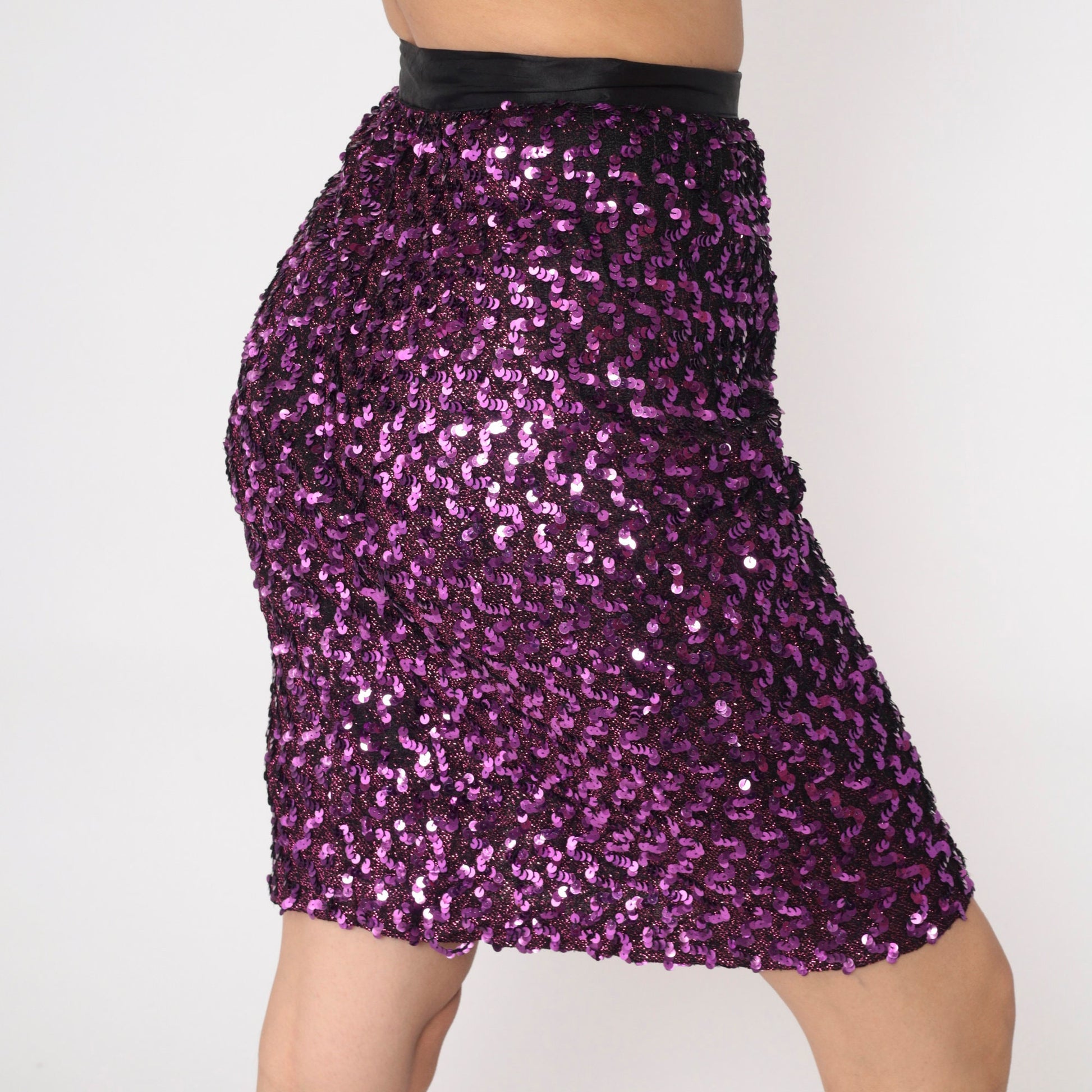 80s Purple Sequin Pencil Skirt High Waist Mini Slit Small S