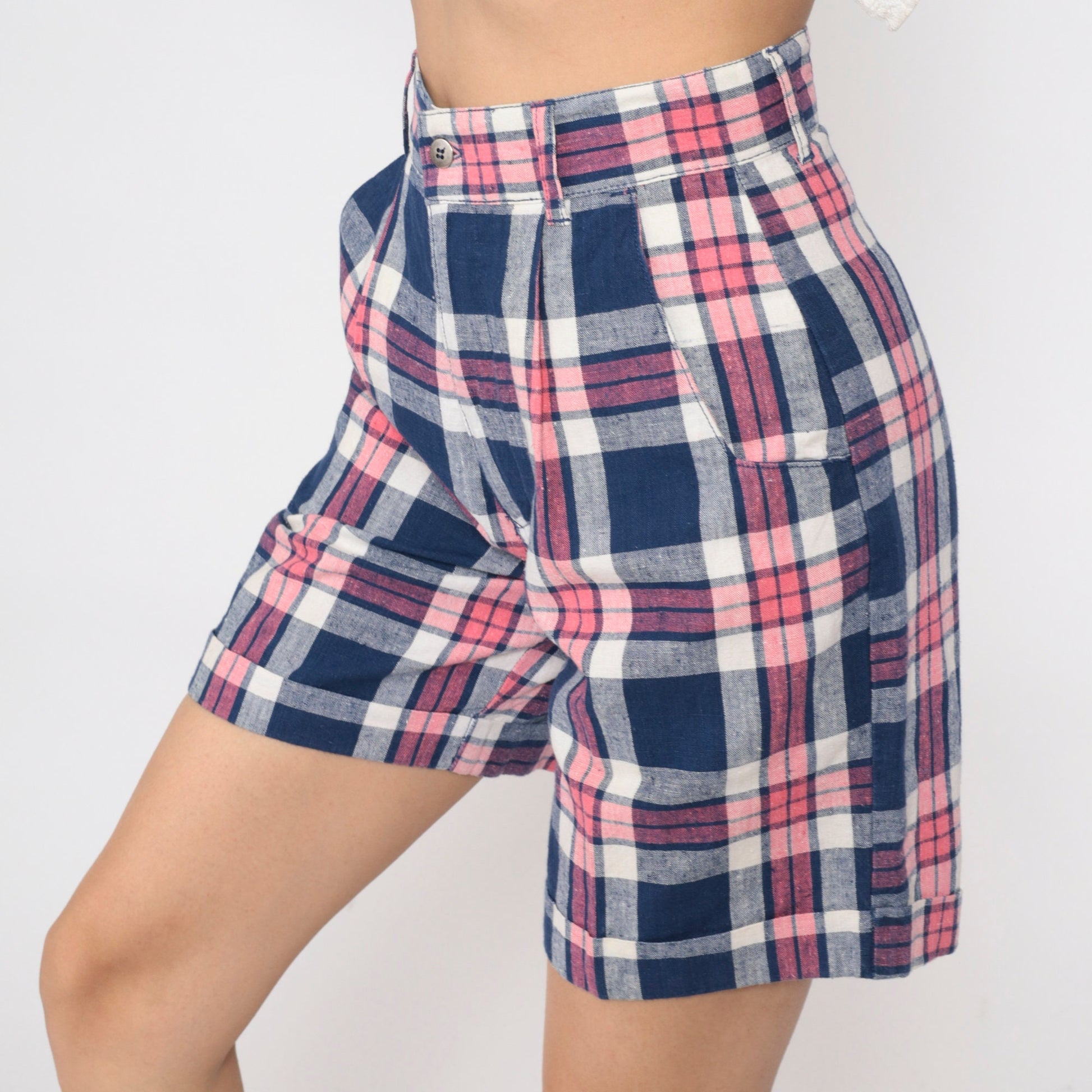 90s Dark Blue Pink Plaid High-Waisted Shorts Pleated Cotton Small