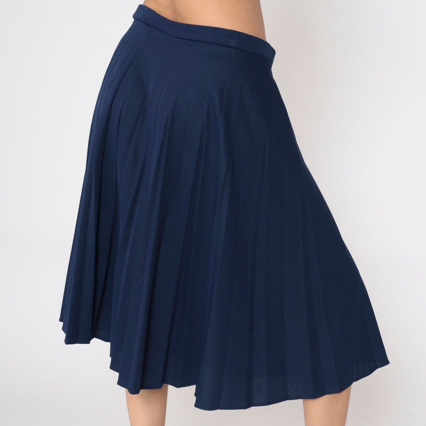 80s Navy Pleated Skirt High Waist Knee Length A-Line Large 14