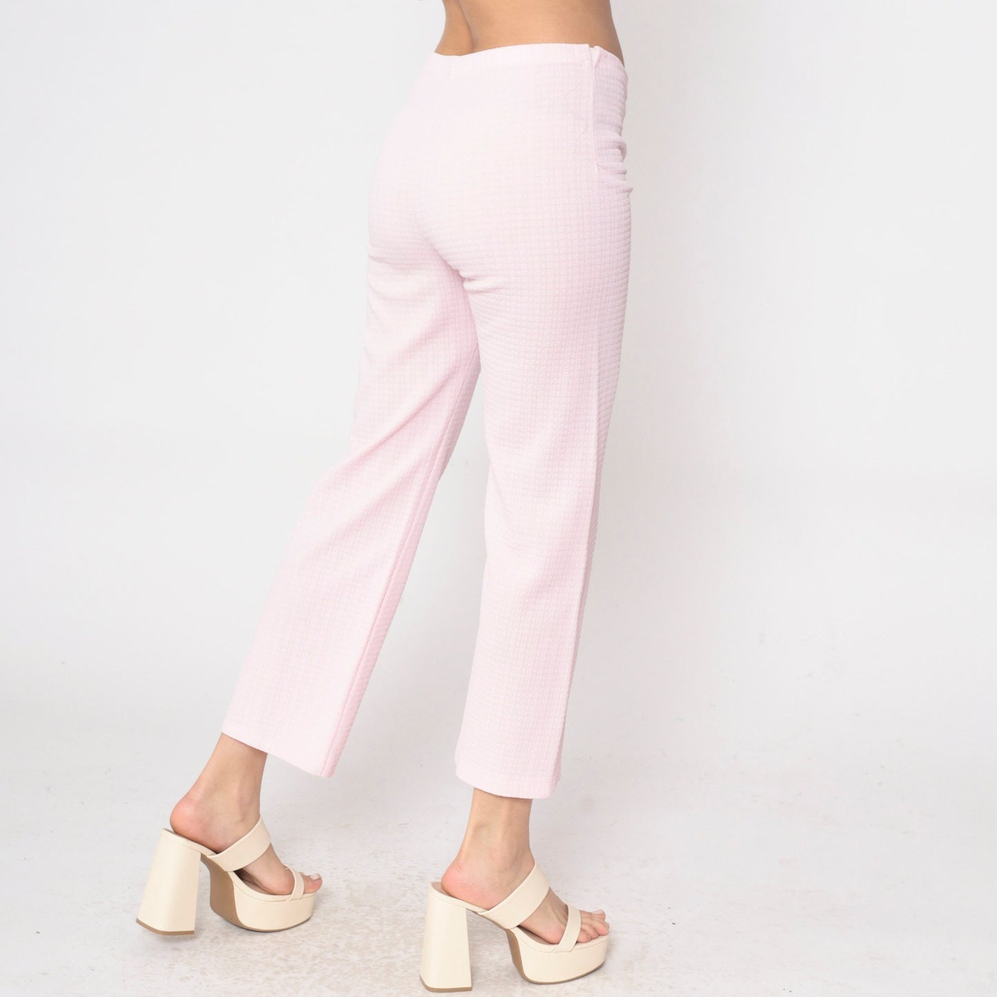 70s Baby Pink Flared Trousers High Waist Embossed Checkered Texture Large