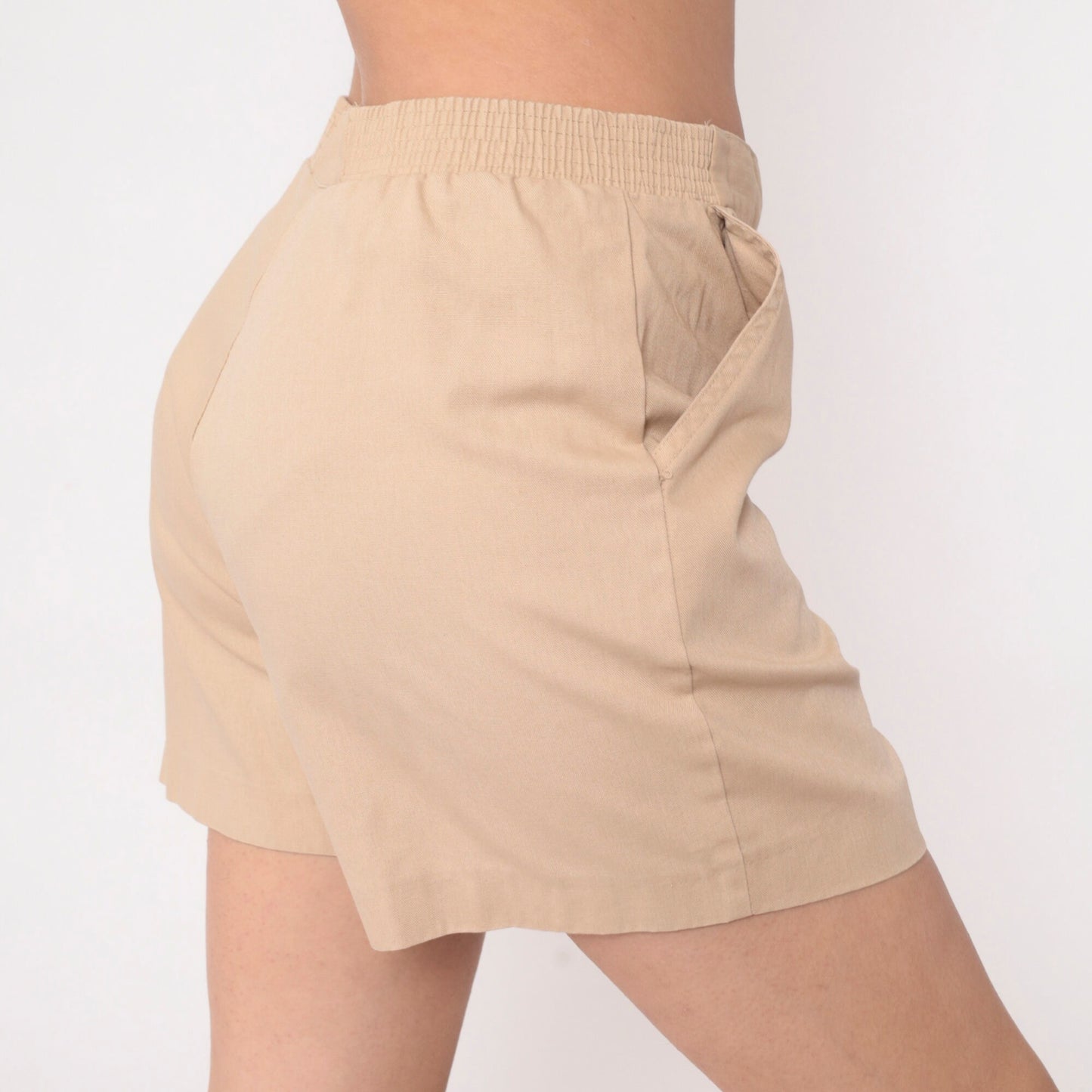 80s Tan High-Waisted Shorts Elastic Waist Cotton Blend Medium