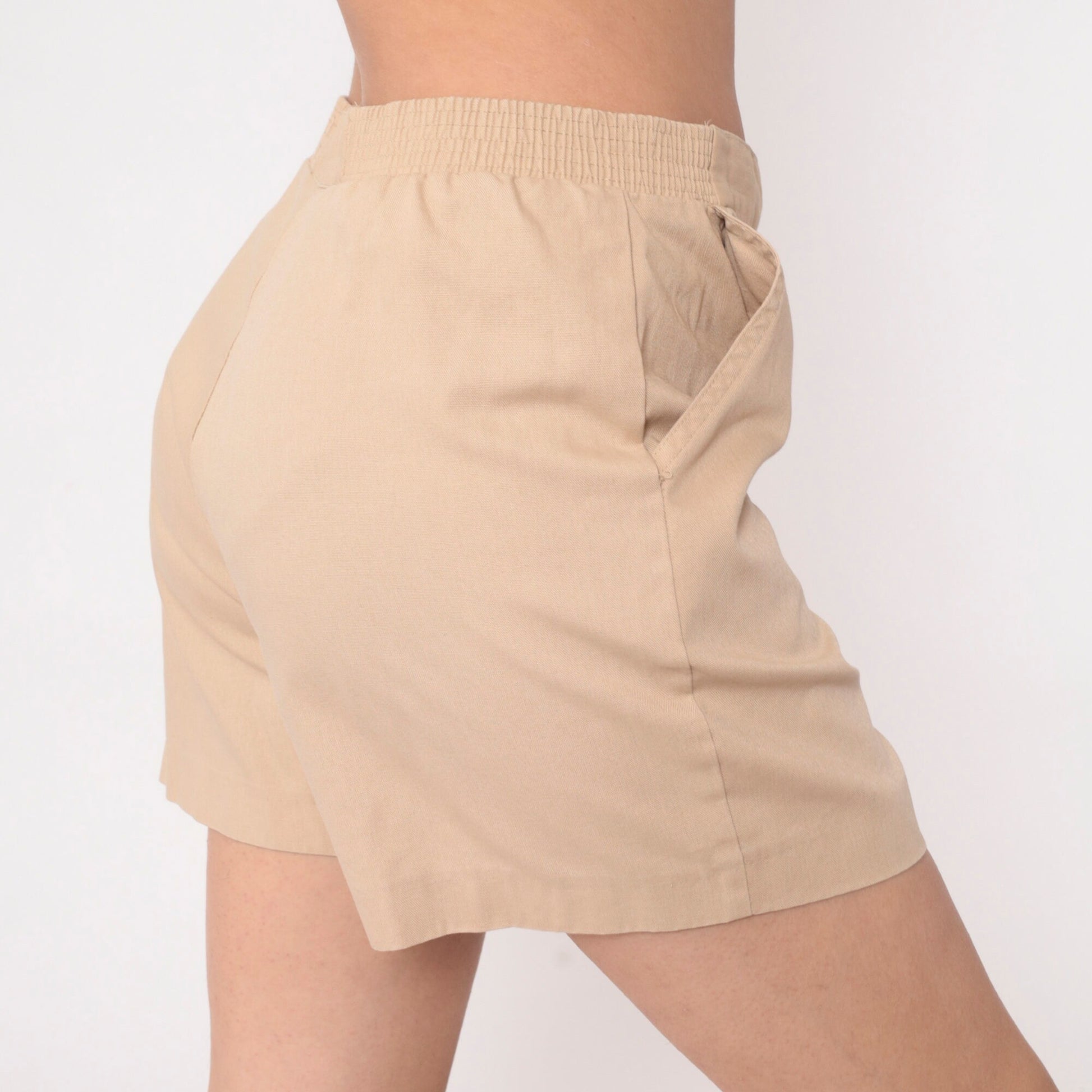 80s Tan High-Waisted Shorts Elastic Waist Cotton Blend Medium