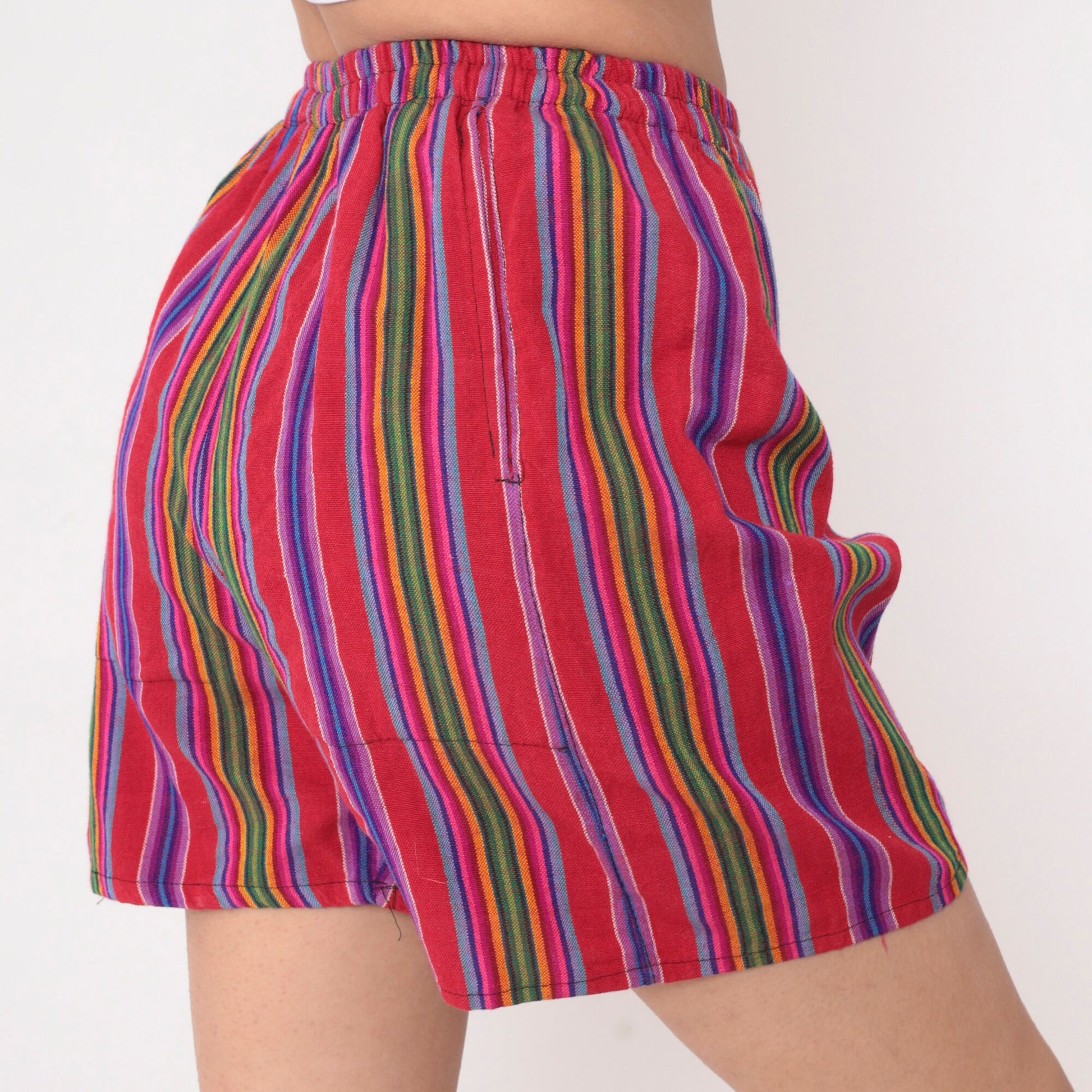 00s Striped Serape Shorts Red Rainbow Elastic Waist Small