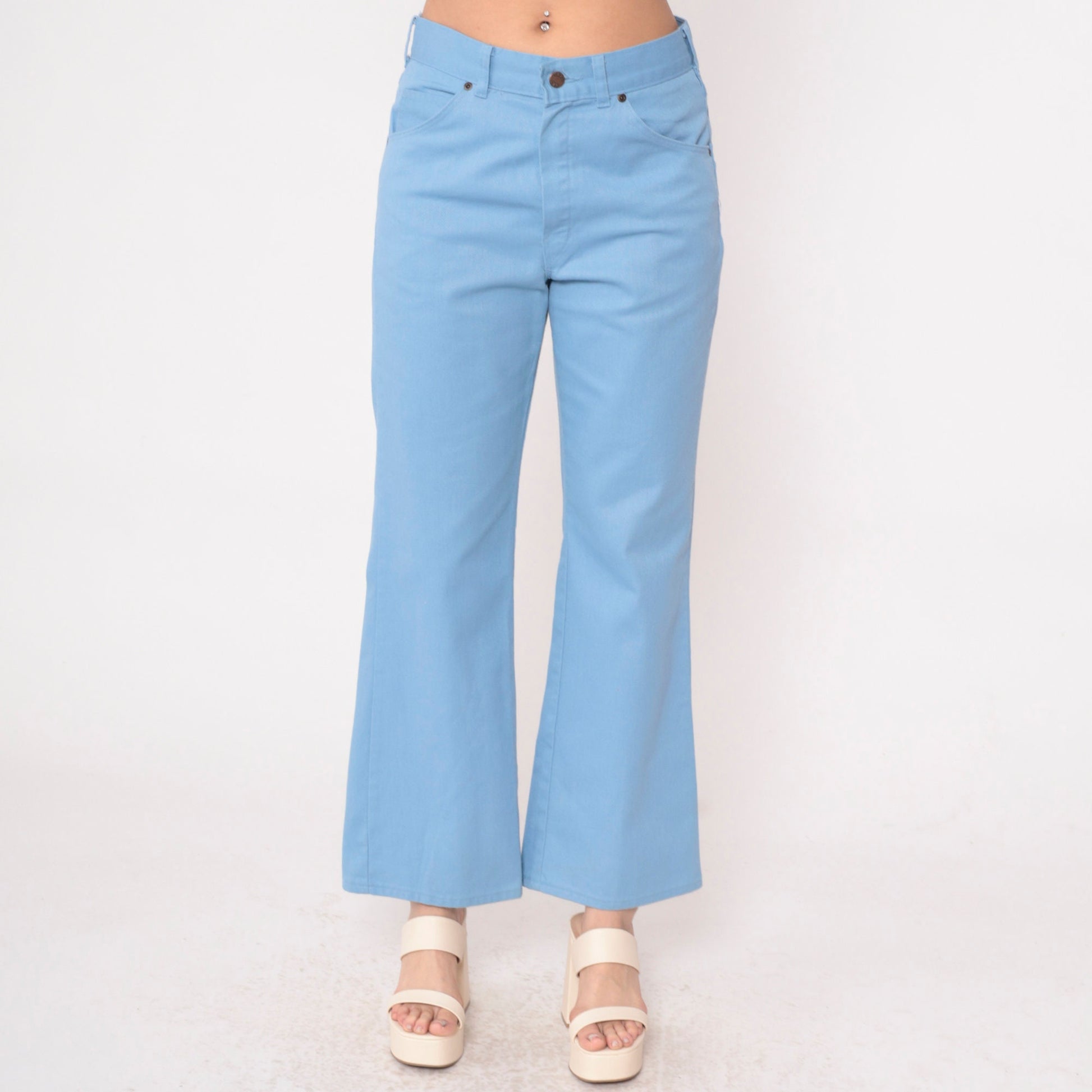 70s Big Yank Flared Trousers Baby Blue High Waist Bellbottoms Medium