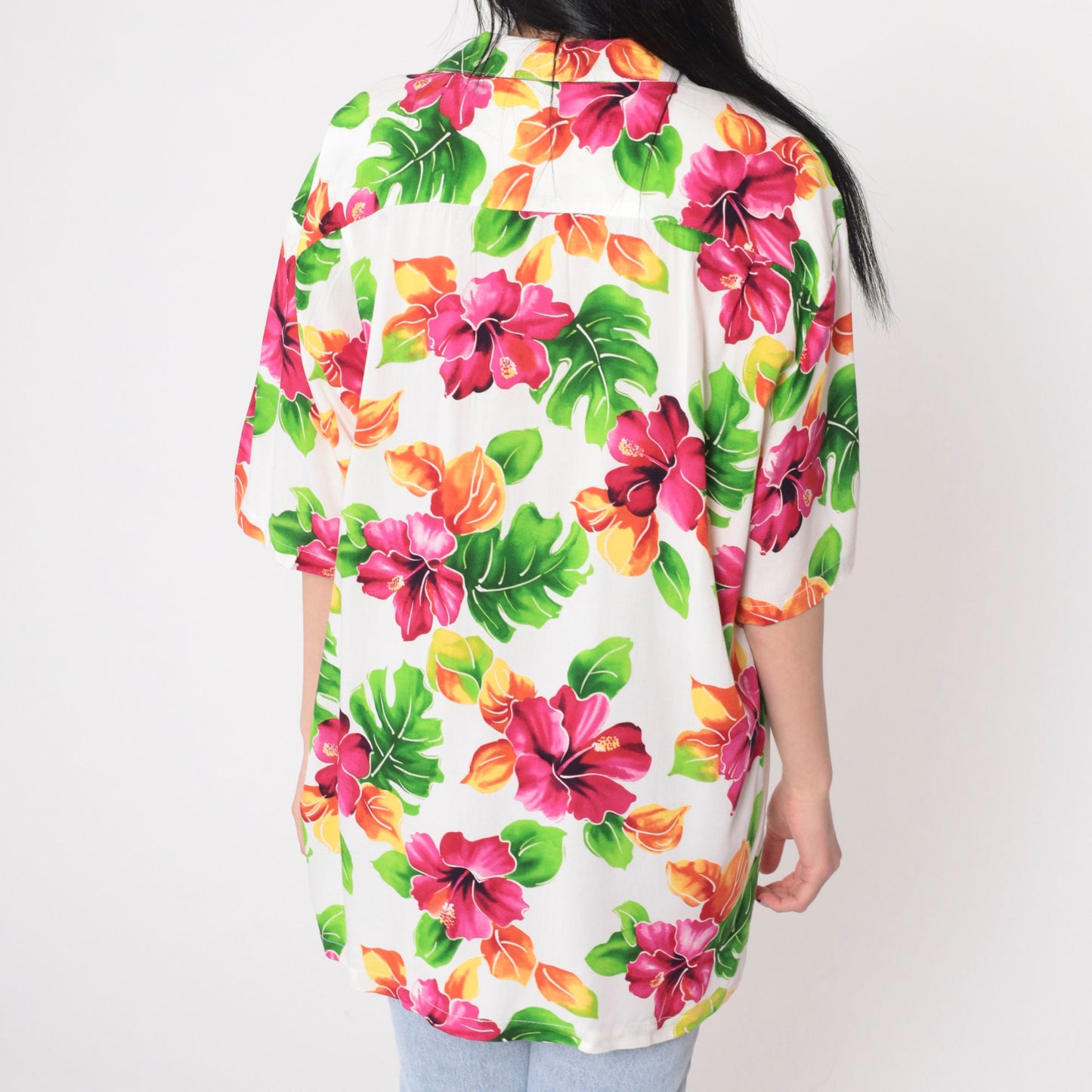 90s Two Palms Hawaiian Shirt White Tropical Floral Button Up Large