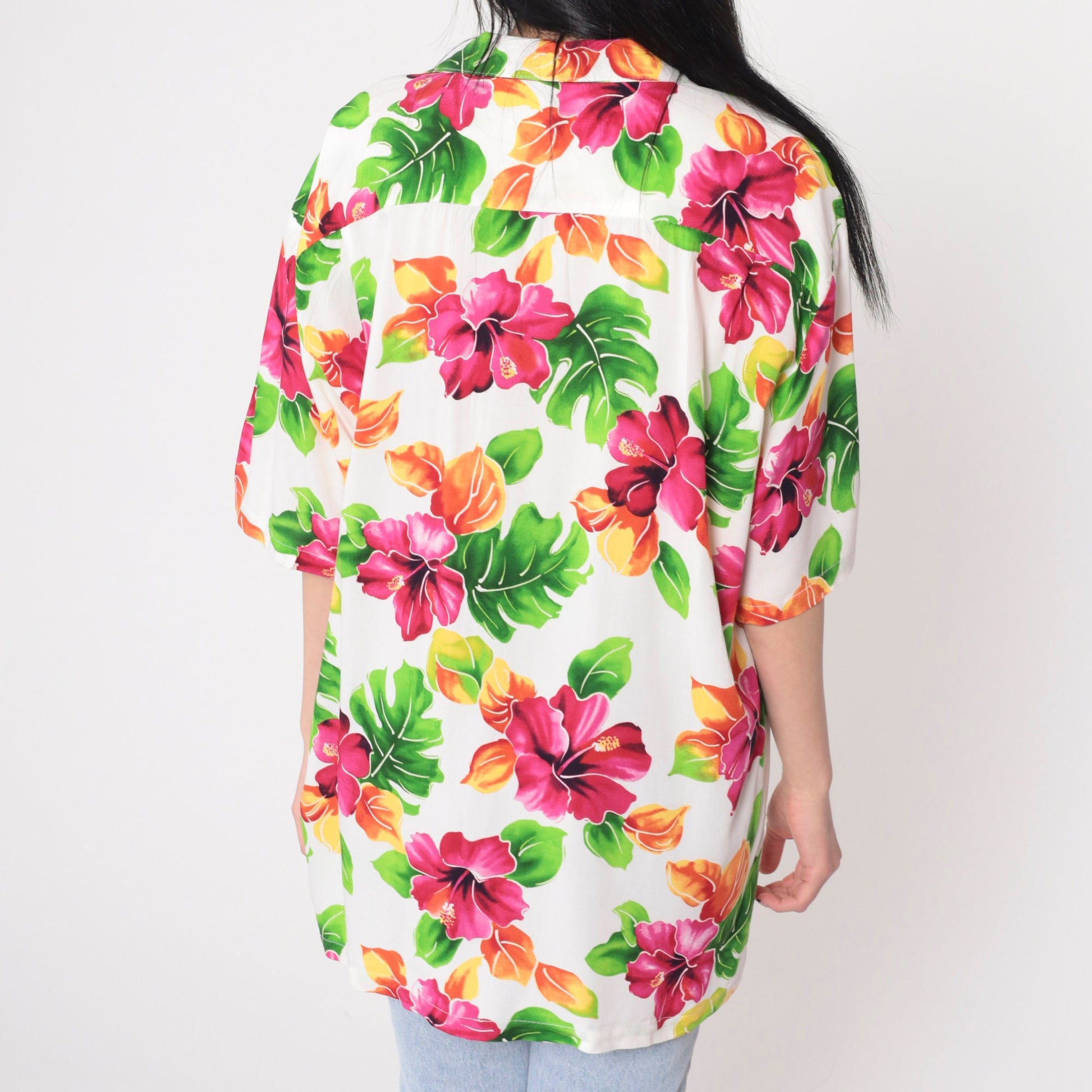 90s Two Palms Hawaiian Shirt White Tropical Floral Button Up Large