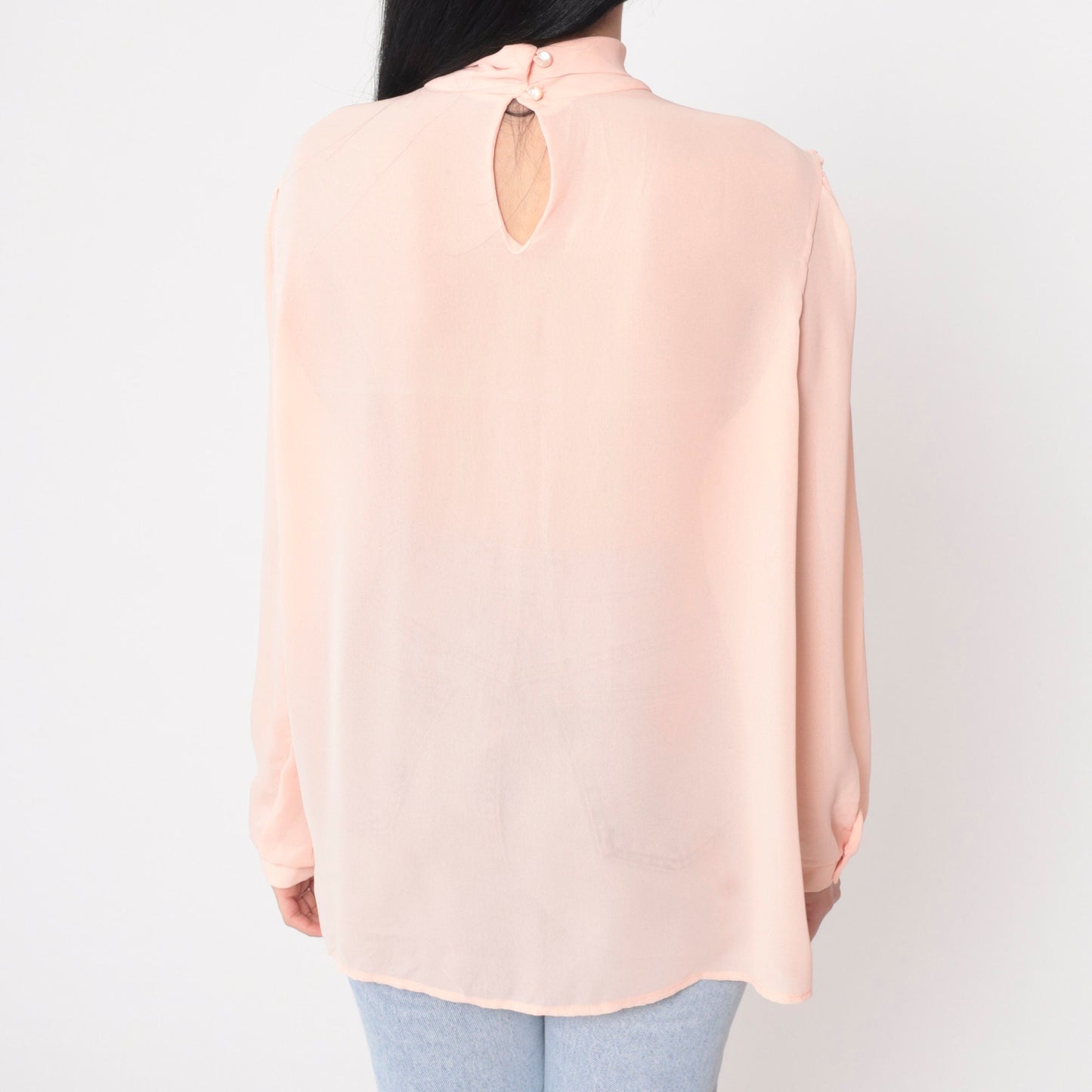 90s Pink Pleated Blouse Puff Sleeve Keyhole Back Semi-Sheer Large
