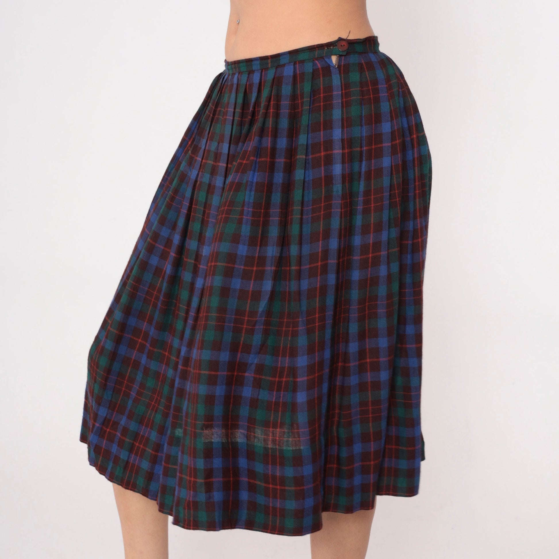 80s Maroon Blue Green Plaid Midi Skirt High Waist Pleated Large