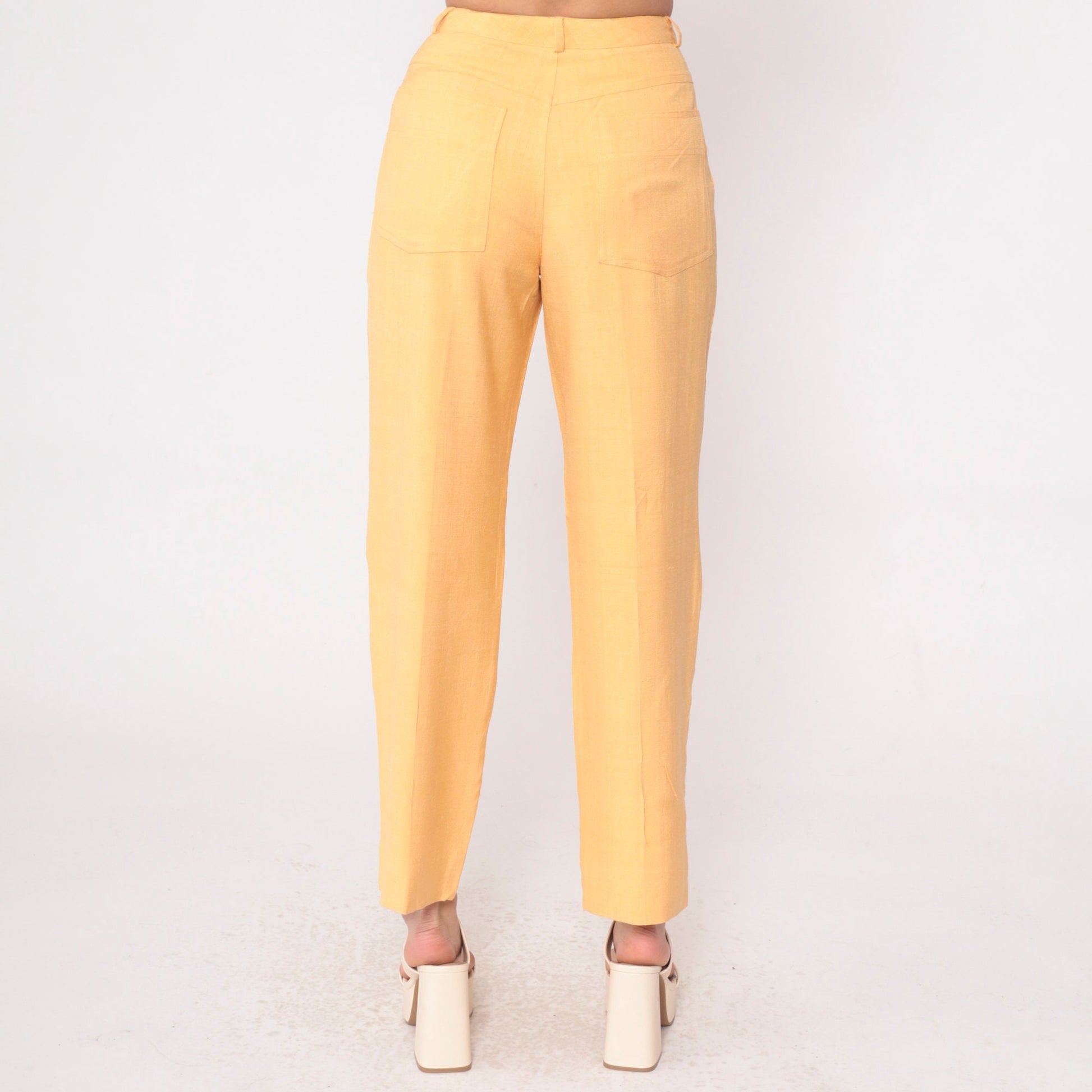 80s Carole Little Light Orange Silk Pleated High-Waist Trousers Small