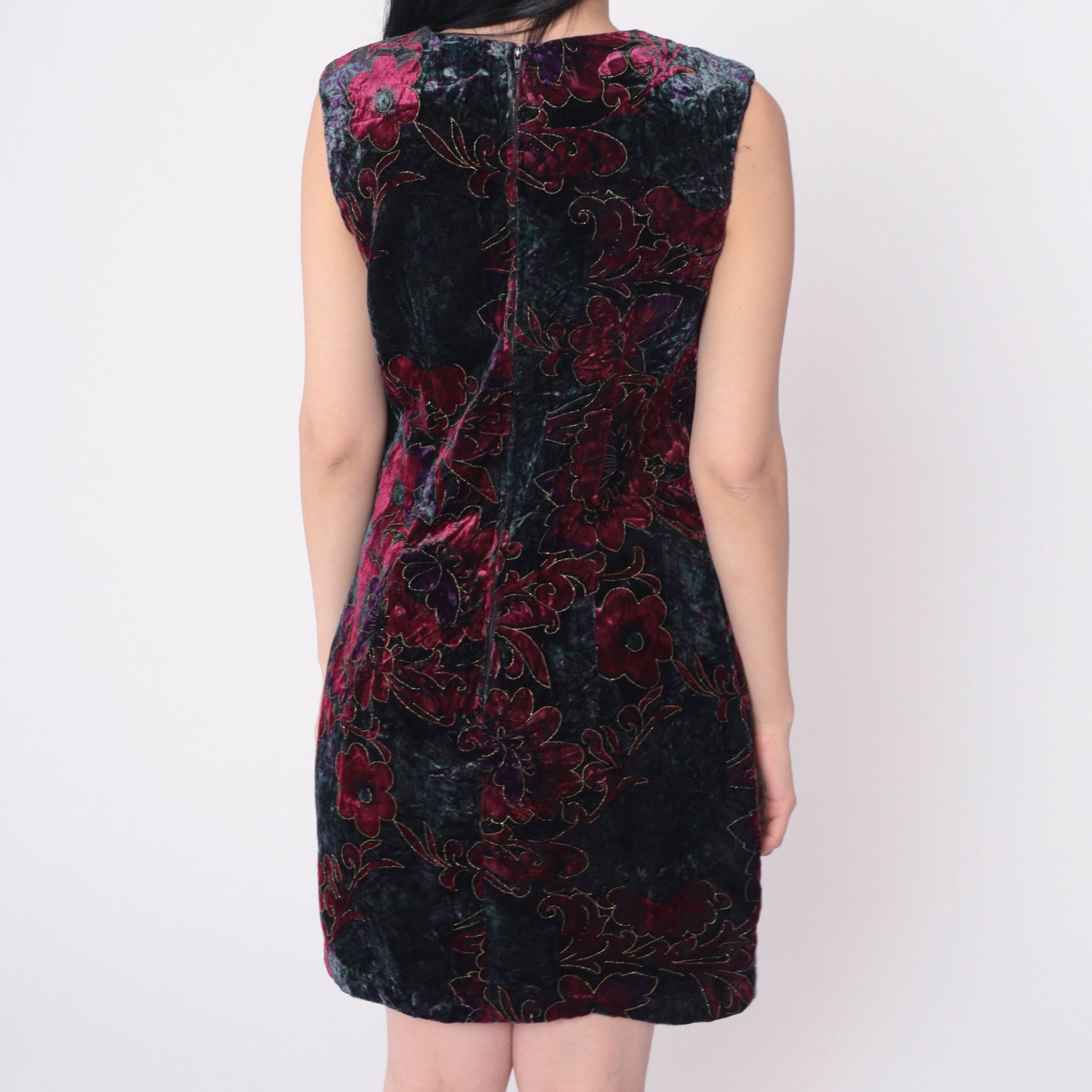 90s Velvet Floral Metallic Mini Dress Sleeveless Shift Jewel Tone Medium