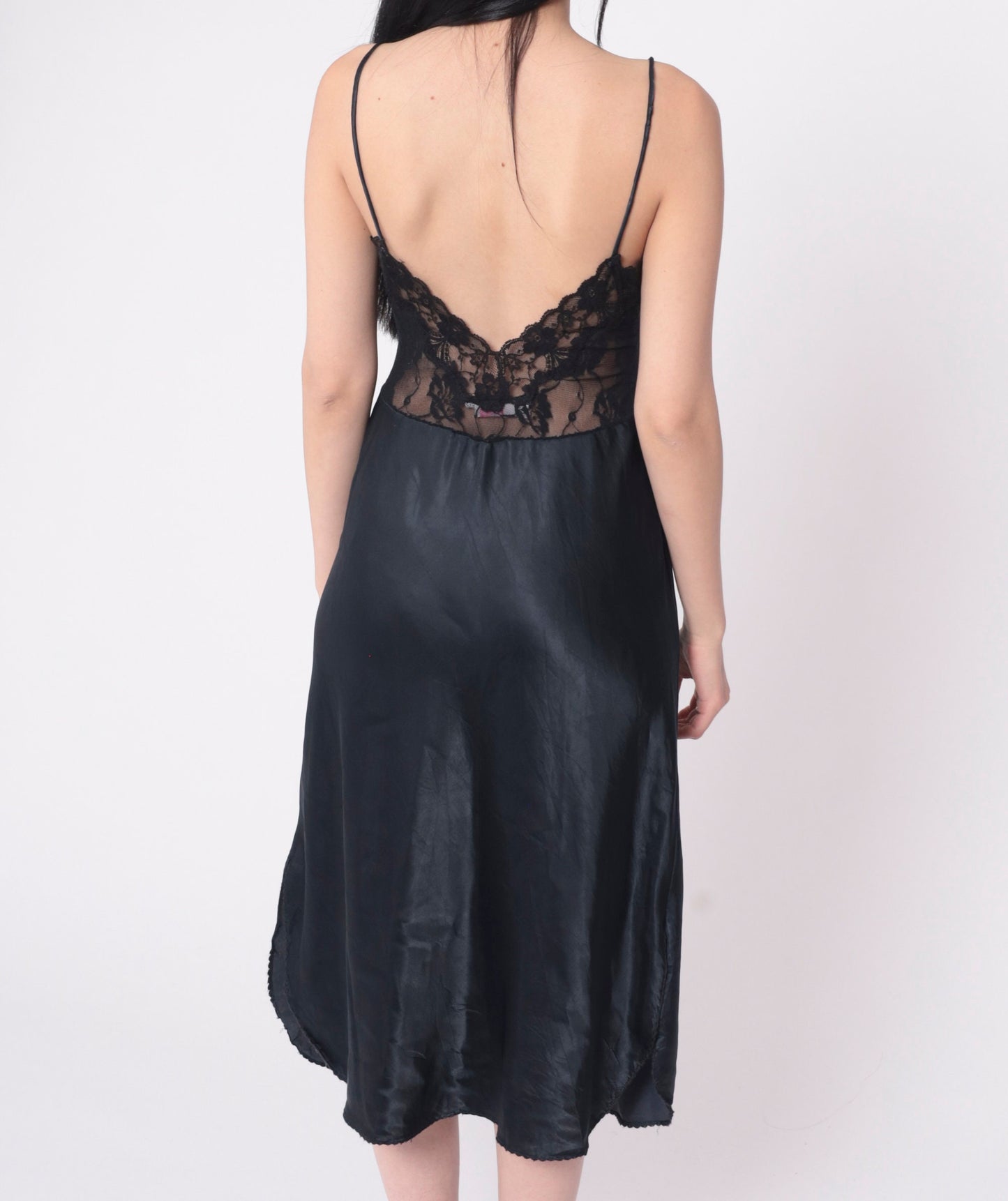 80s Black Sheer Lace Slip Dress Basque Waist V Back Midi Lingerie Medium