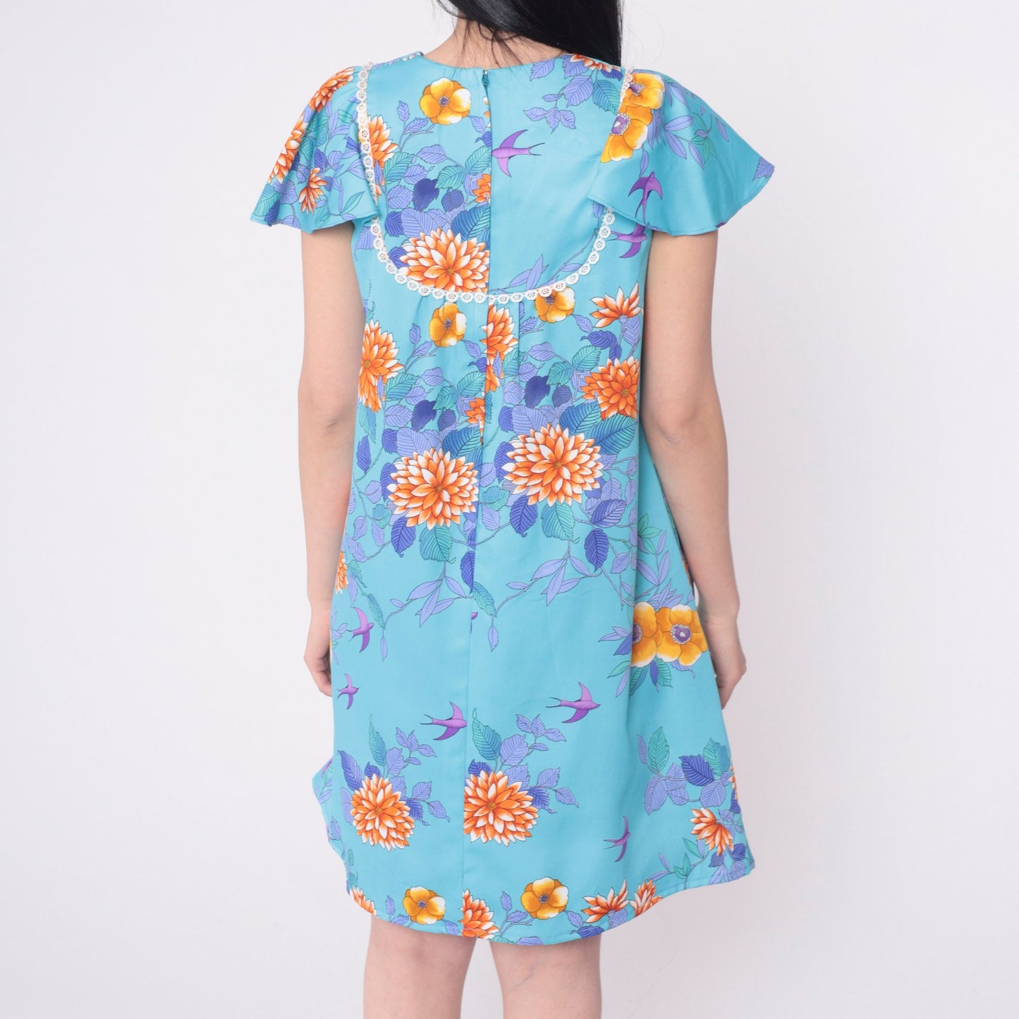 70s Blue Floral Mini Dress Tropical Print Flutter Sleeve Shift Small