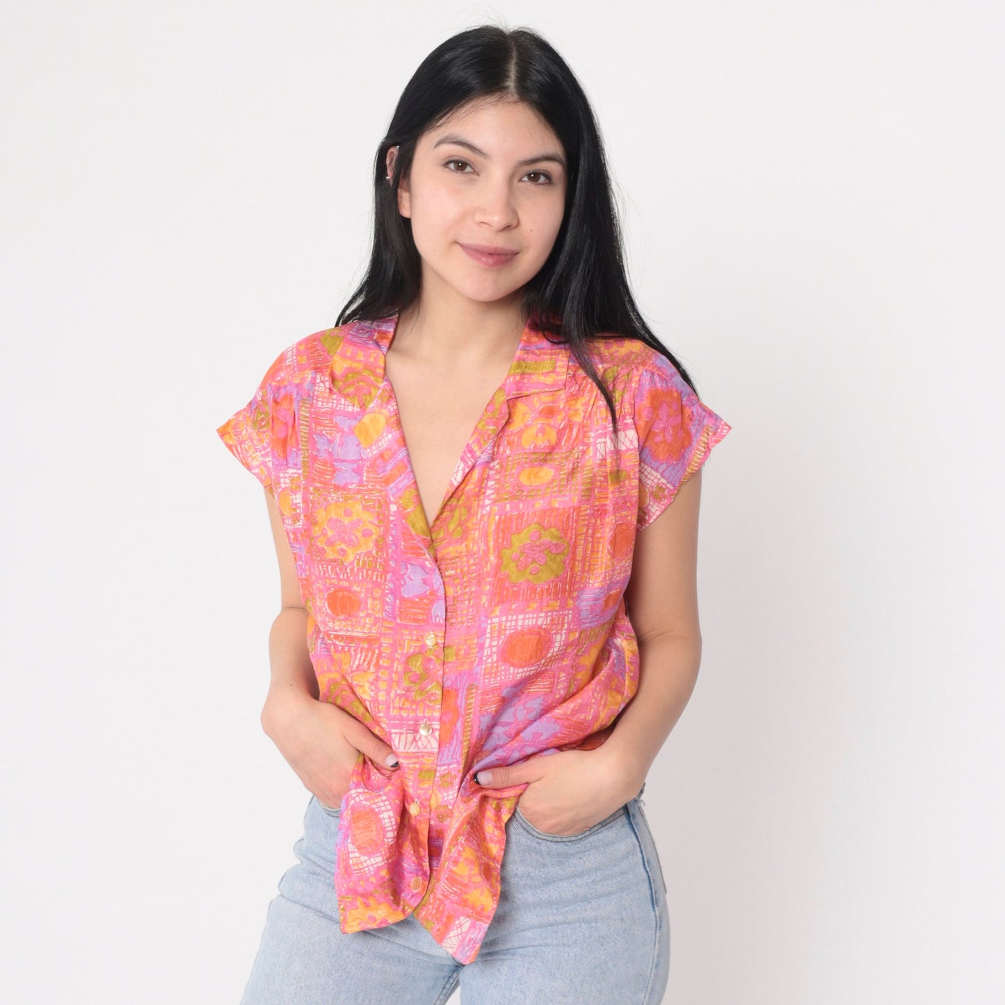70s Abstract Floral Silk Blouse Pink Orange Cap Sleeve Button Up Large