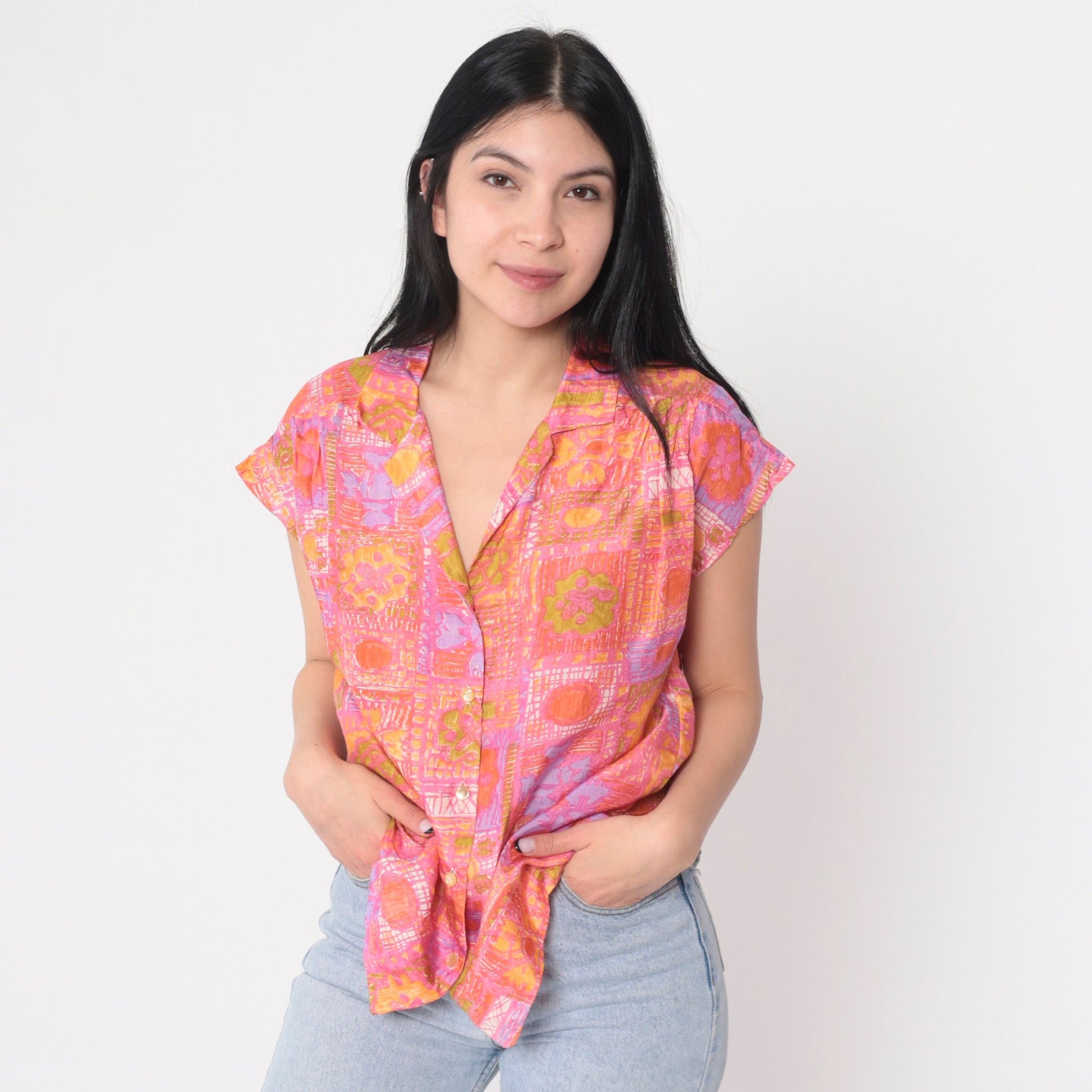 70s Abstract Floral Silk Blouse Pink Orange Cap Sleeve Button Up Large