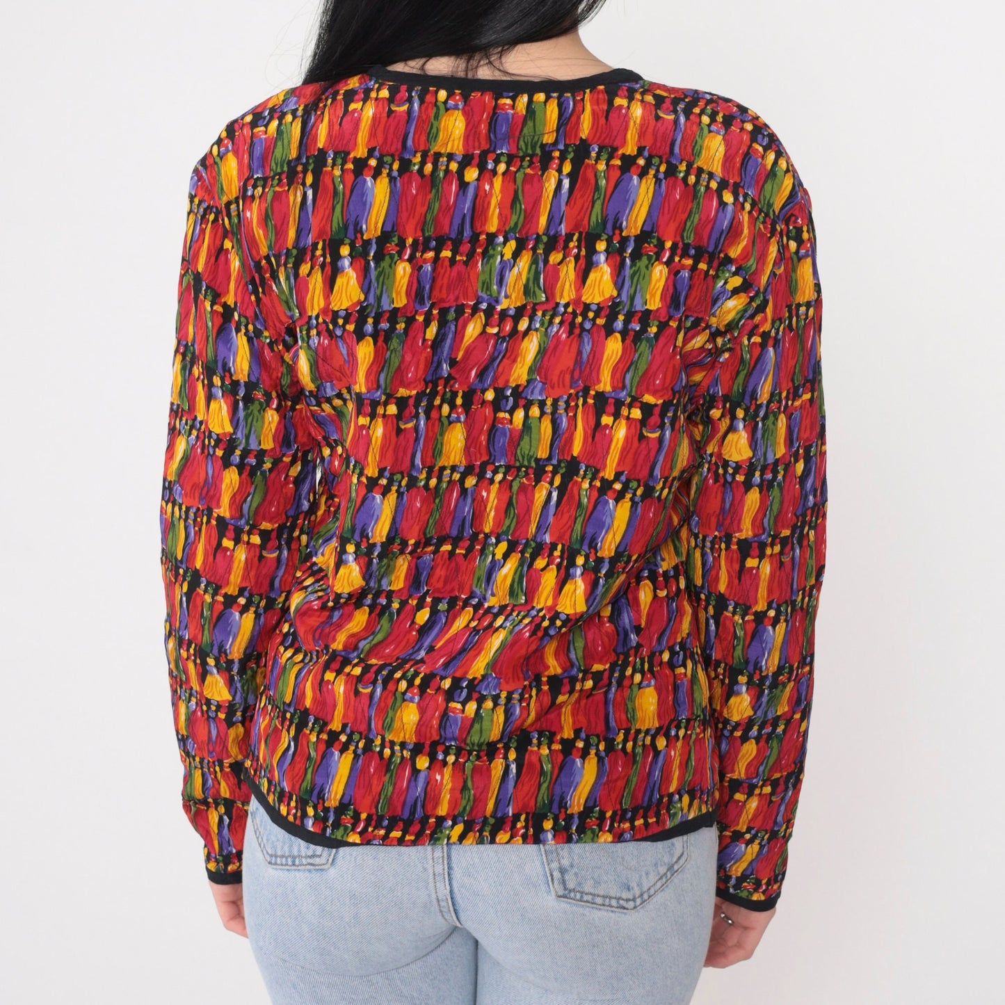 90s Quilted Jacket Colorful Tassel Print Button-Up Blazer Small