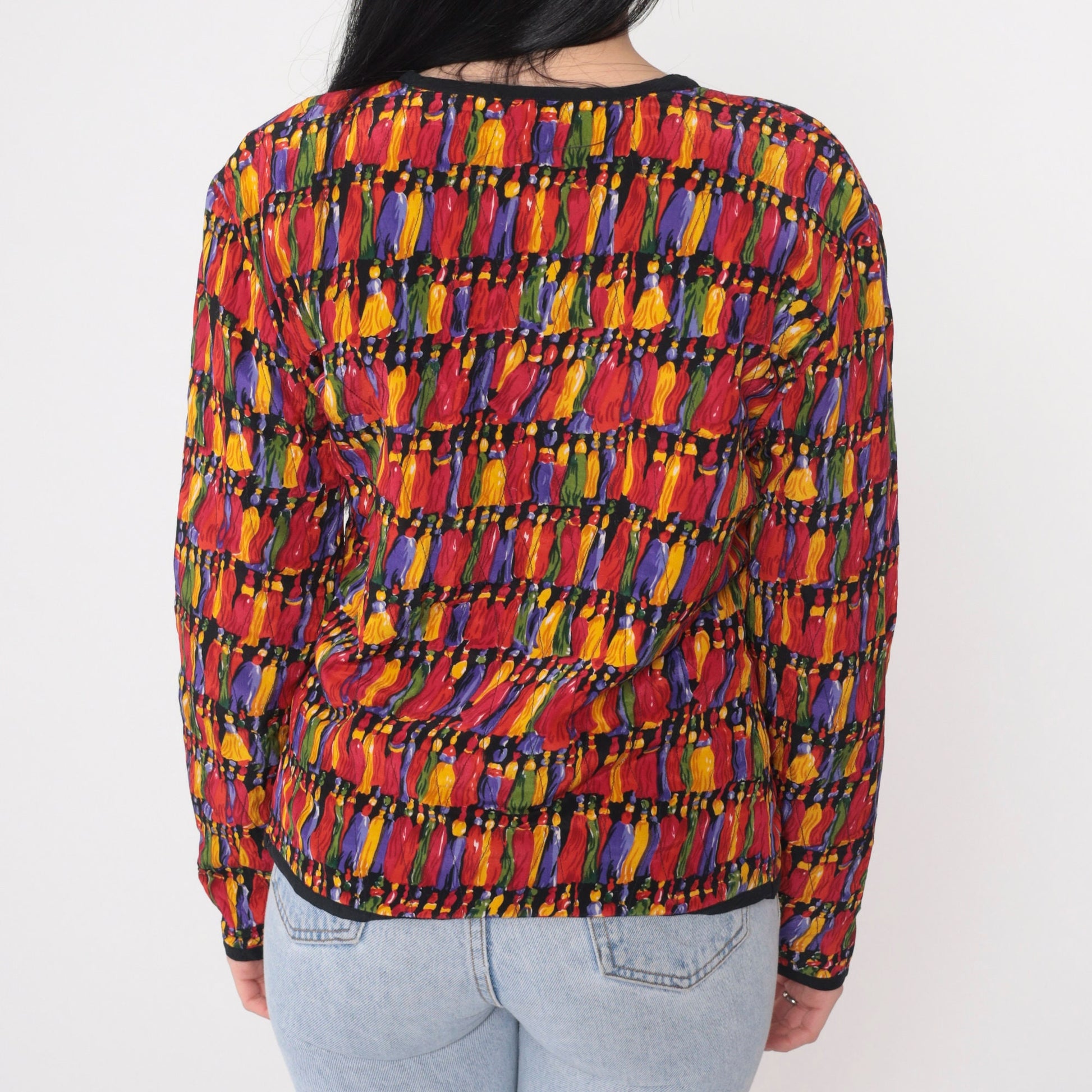 90s Quilted Jacket Colorful Tassel Print Button-Up Blazer Small