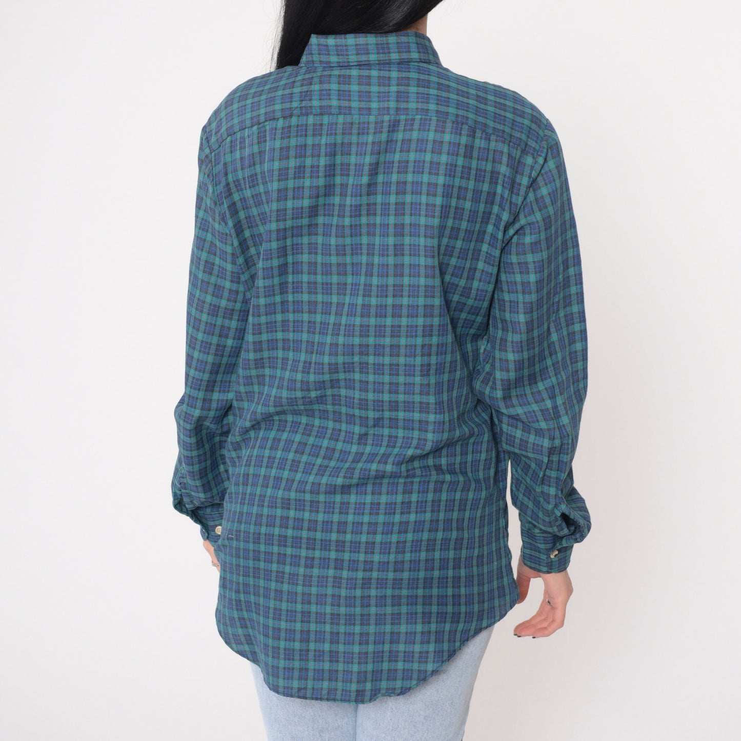 90s Chevalier Royale Flannel Shirt Blue Green Plaid Button-Up Medium