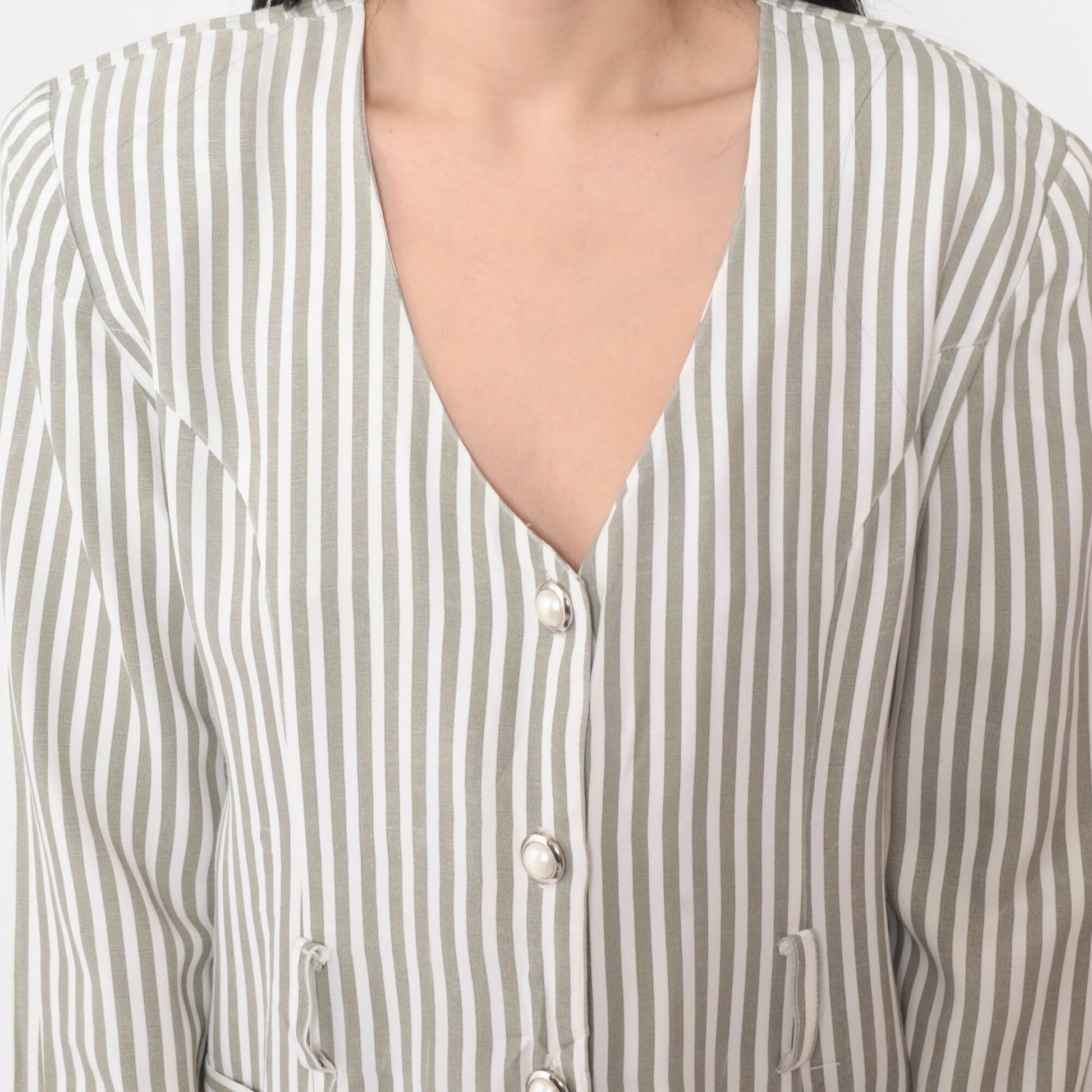 90s Striped Puff Sleeve Blouse Button-Up V-Neck Shirt Small S