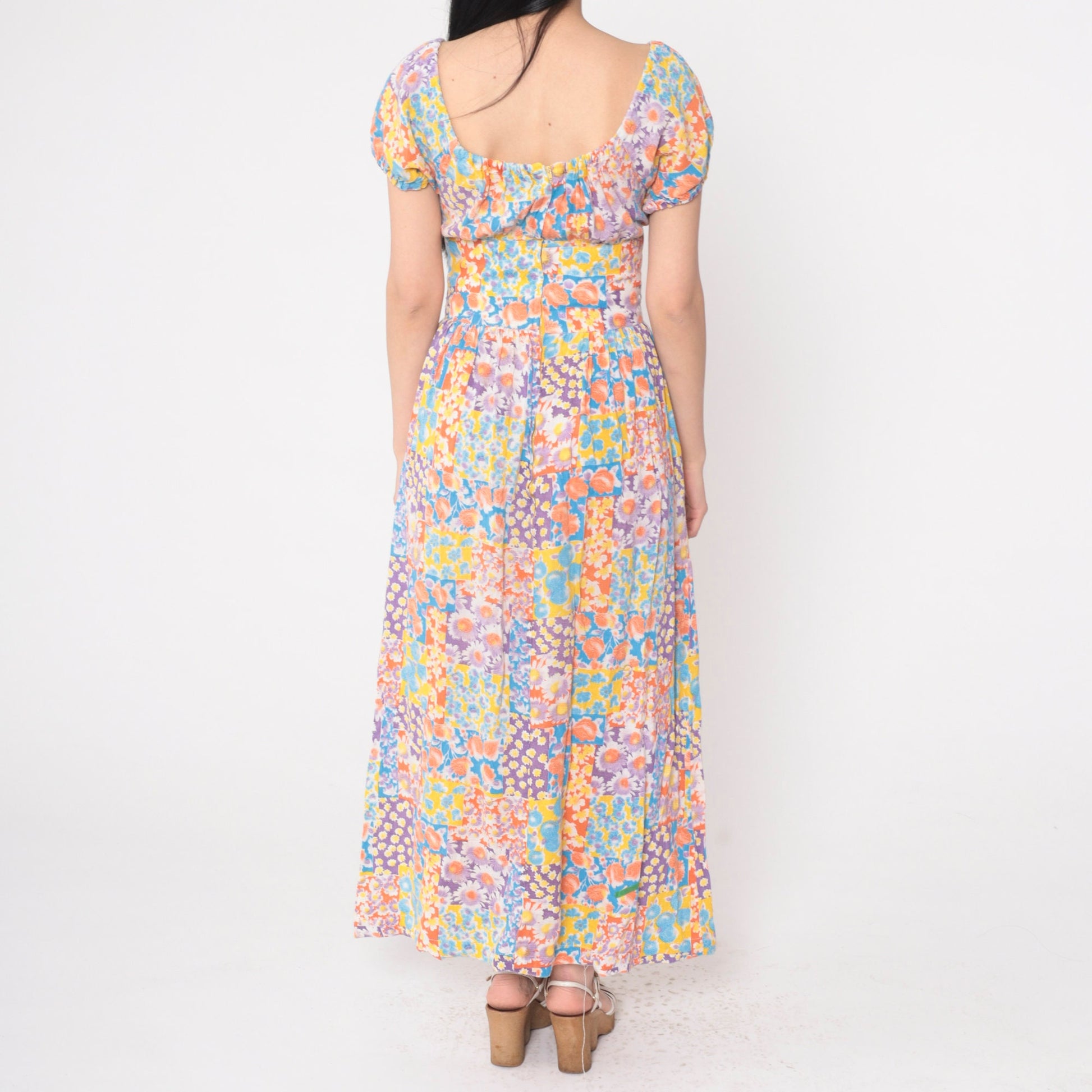 70s Patchwork Floral Off-Shoulder Maxi Dress Midriff Band Small