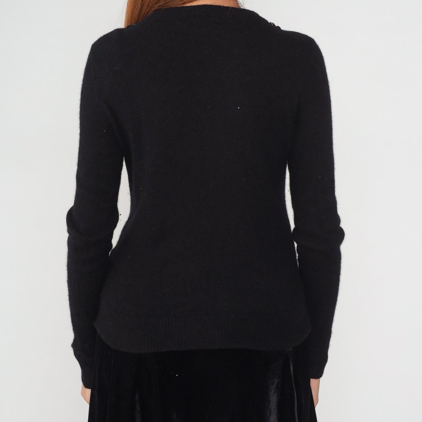 Y2K Black Cashmere Cardigan Rhinestone Beaded Button-Up Sweater Medium M