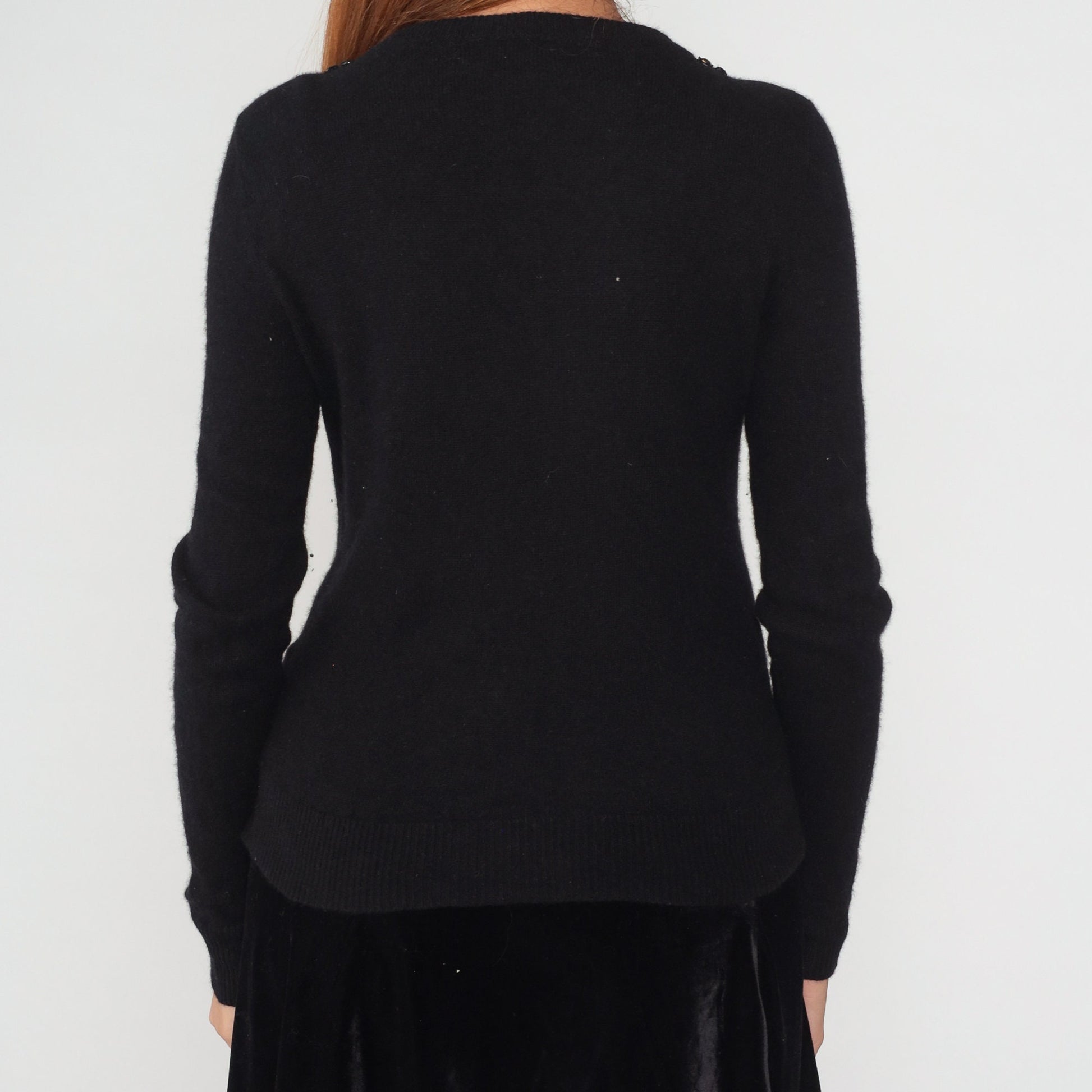 Y2K Black Cashmere Cardigan Rhinestone Beaded Button-Up Sweater Medium M