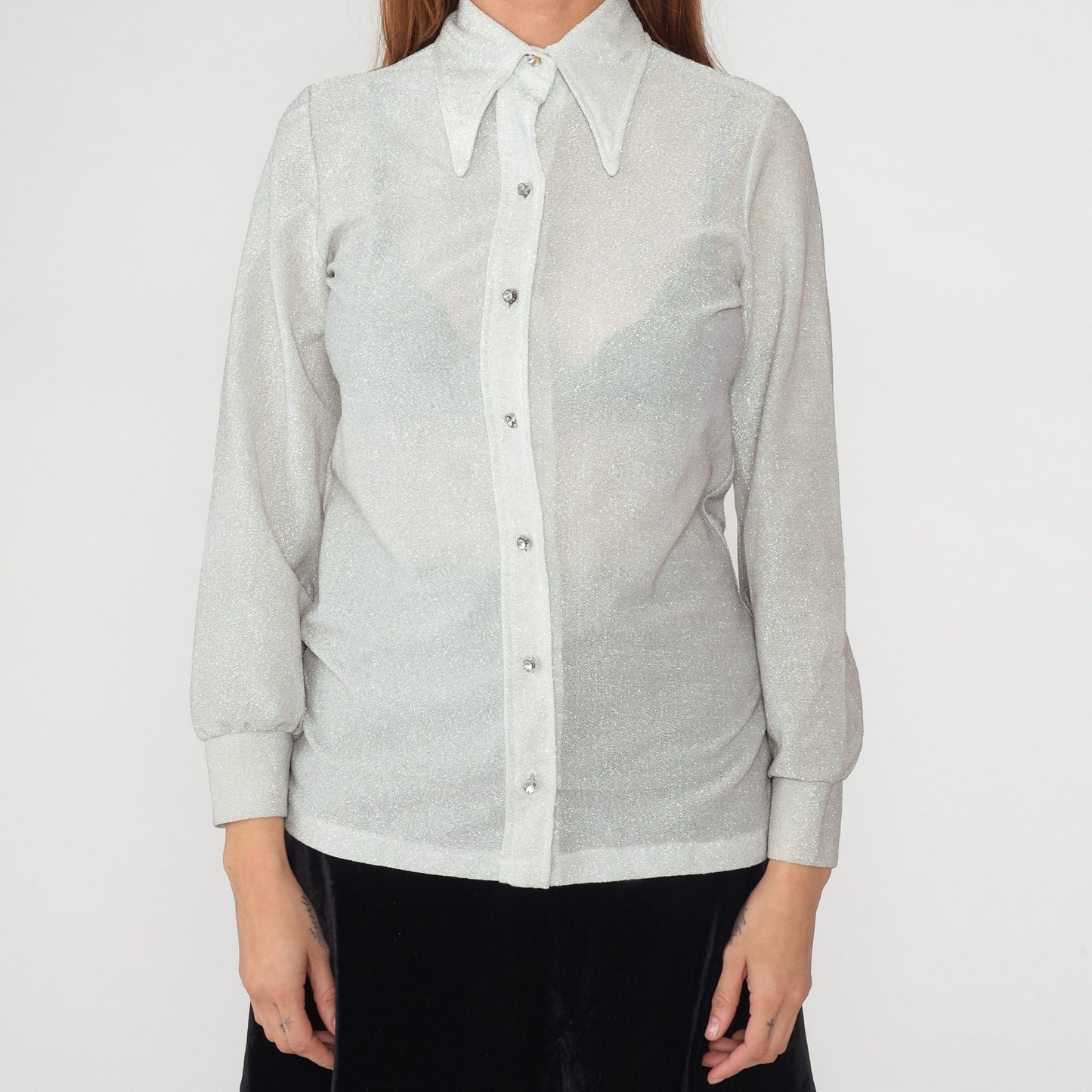 70s Metallic Silver Rhinestone Button Blouse Dagger Collar Long Sleeve Small