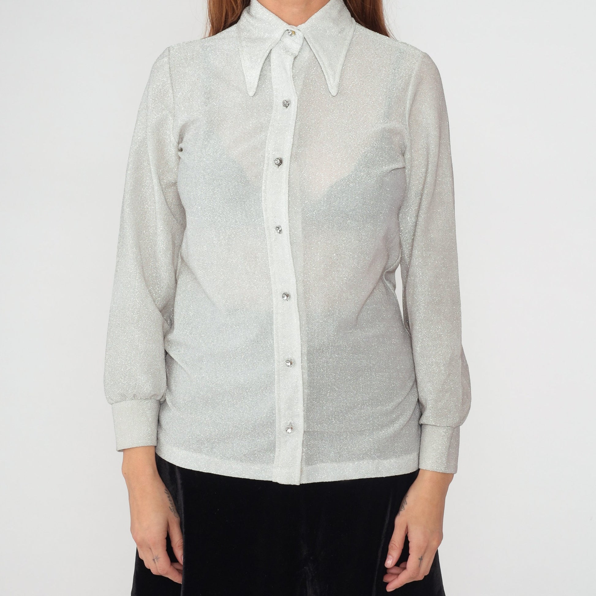 70s Metallic Silver Rhinestone Button Blouse Dagger Collar Long Sleeve Small