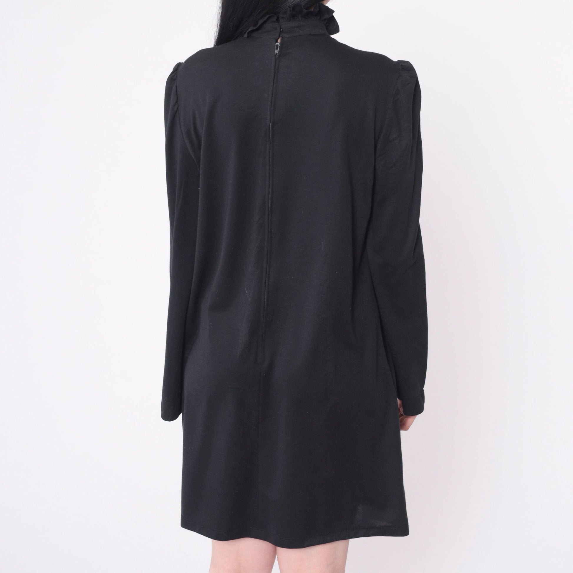 70s Black Shift Dress Ruffle Neck Pintuck Puff Sleeve Mini Medium Large