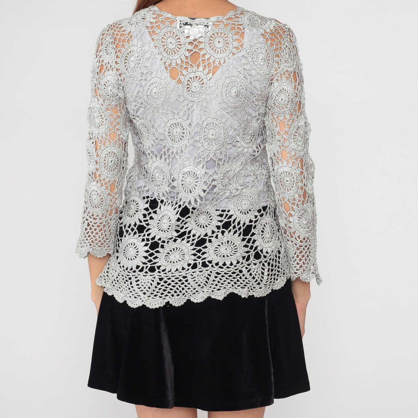 90s Grey Crochet Sun Design Pullover Blouse 3/4 Sleeve Medium M