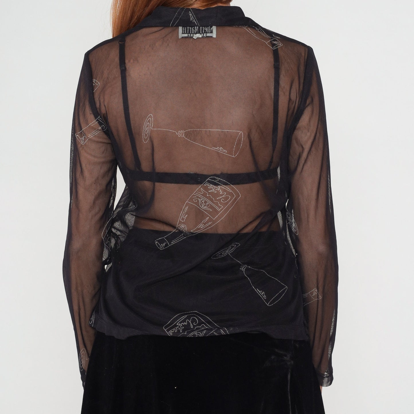 Y2K Black Mesh Blouse Champagne Bottle Glass Print Button-Up Long Sleeve Small S