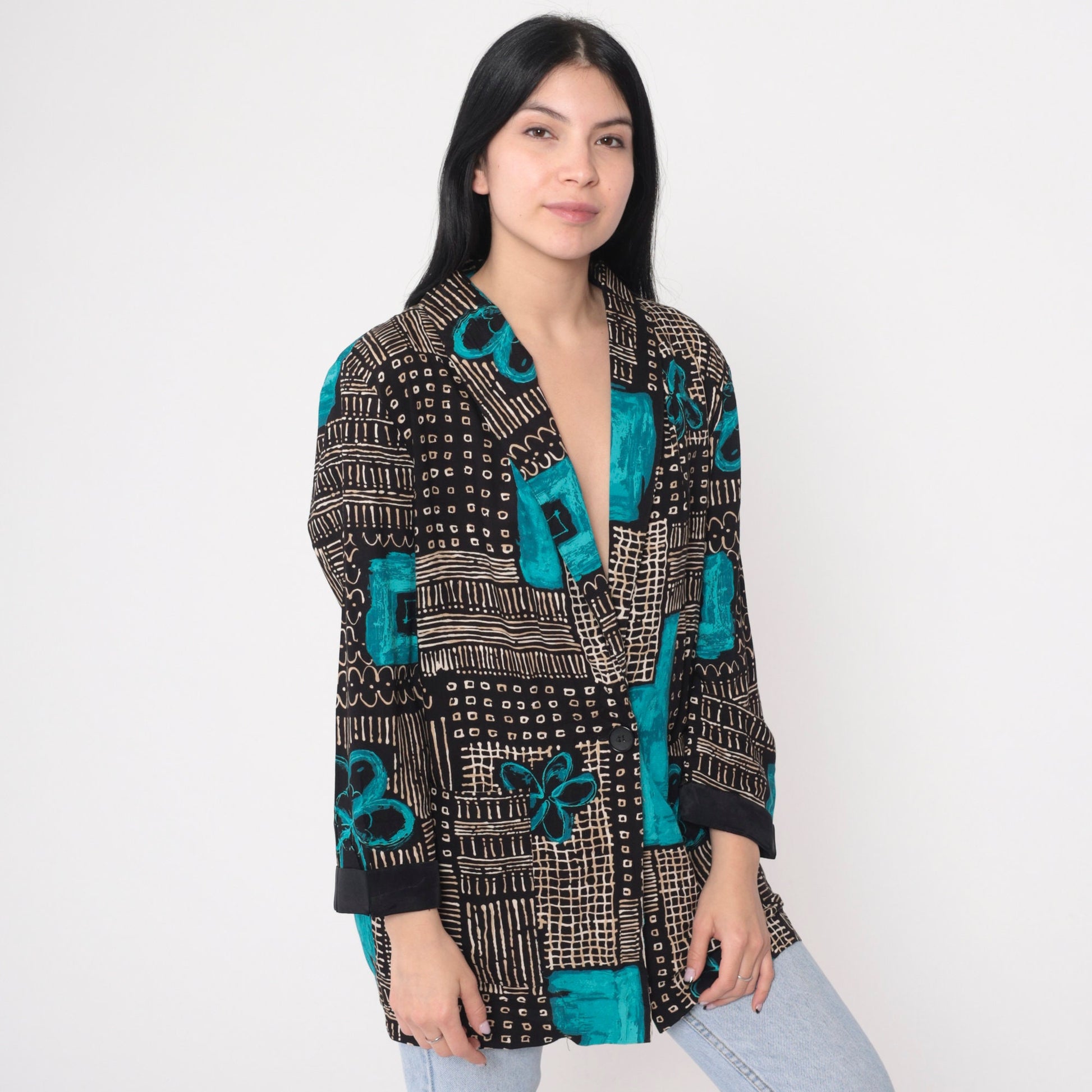 90s Kensington Square Blazer Black White Abstract Floral Print Blue Flowers Large L