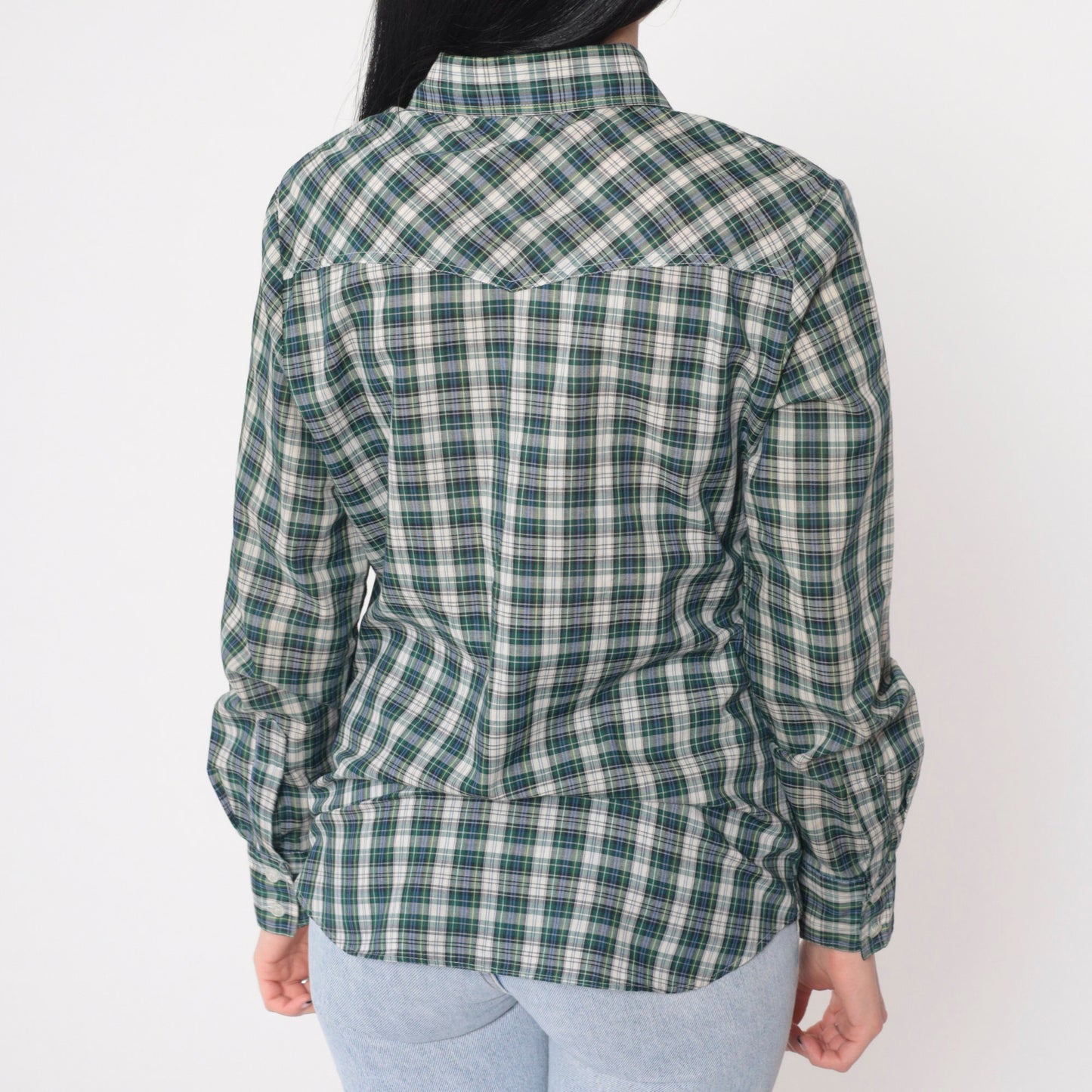 80s Plaid Button-Up Shirt Blue Green White Checkered Long Sleeve Small