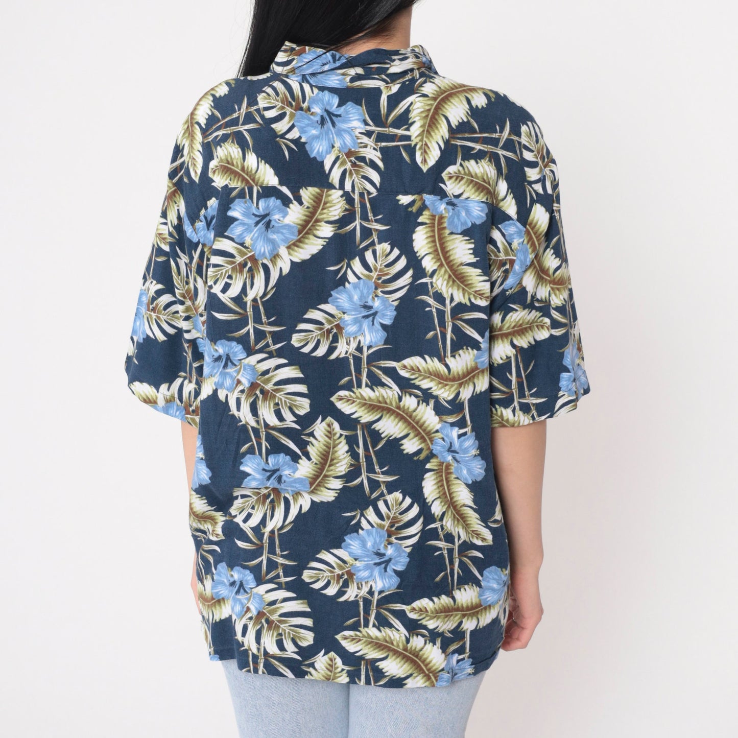 Y2K Blue Hawaiian Shirt Tropical Floral Hibiscus Button Up Medium M