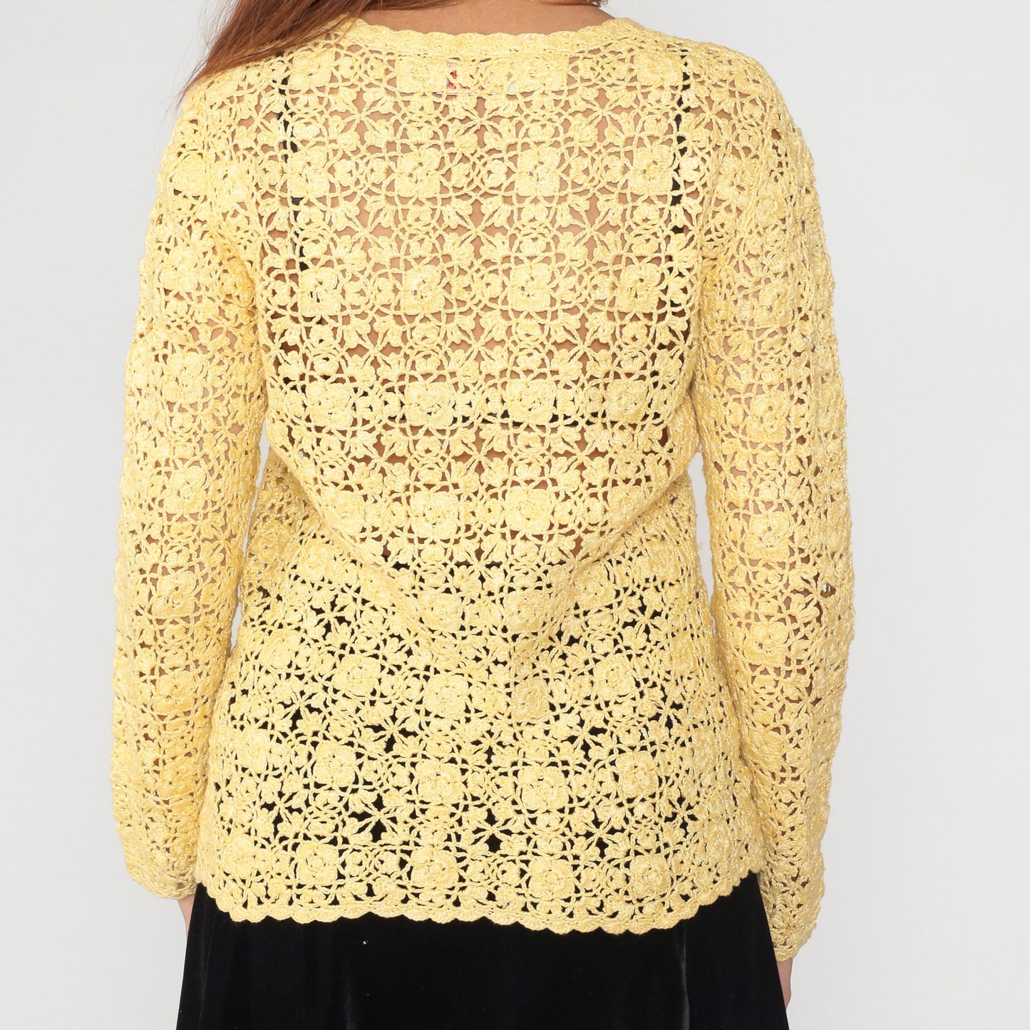 80s Yellow Crochet Cardigan Floral Cutout Cotton Knit Medium